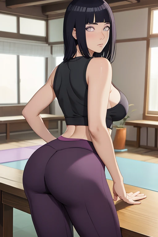 masterpiece, absurdres, hinata\(boruto\), 1girl, solo,mature female, leggings, looking at viewer, (falling petals), perfect composition, detailed lips, gigantic breast, beautiful face, body propotion, (pink lips), short hair,  purple eyes,  soft gaze,  super realistic, detailed, photoshoot, realistic face and body, underboob, turtleneck, gigantic breasts, curvy, cowboy shot, bare shoulders, curvy ass, bubble butt, back view