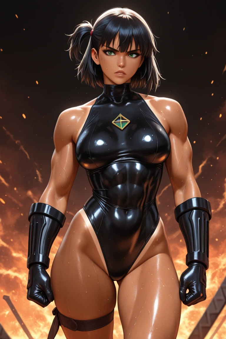 1girl, gorgeous, muscular, thick thighs, mature female, abs, wide hips, (masterpiece, high quality:1.1) ,shiny skin, soft, smooth skin, breast indentation, tight suit, busty, curvy, fit, toned, camel toe, lipstick, thick lips, make-up, highly detailed, kawaii, wet and shiny,