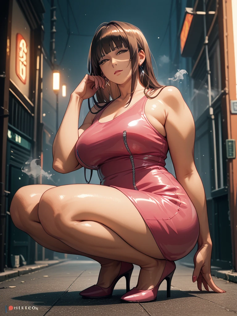 Detailed cyberpunk background: 1.1) Underground street style background, (clothes wet with water) (completely transparent plastic top) (red suspender stockings, red stockings, high-gloss stockings) fleshy thighs tightened by red high-gloss suspender stockings, huge sagging breasts. (open neckline, transparent high-forked low-neckline cheongsam, revealing red high-gloss X-shaped bra under transparent tulle), outermost transparent gauze on body, painting, (best quality, 4k, Masterpiece: 1.4), Beautiful Woman, Surreal, 1 Girl, ((Facing the viewer, stroking the side of your chest with both hands)), (Sagging huge breasts, charming body: 1.8), Sit-ups: 1.1, Brunette : 1.8, (wet rain, wet body: 1.7), ultra-detailed face, detailed lips, detailed eyes, double eyelids, sexy low-necked dress, open neckline, hanging breasts, side pose, visible curves, pool party, poolside, transparent clothes, Muscle-turning legs