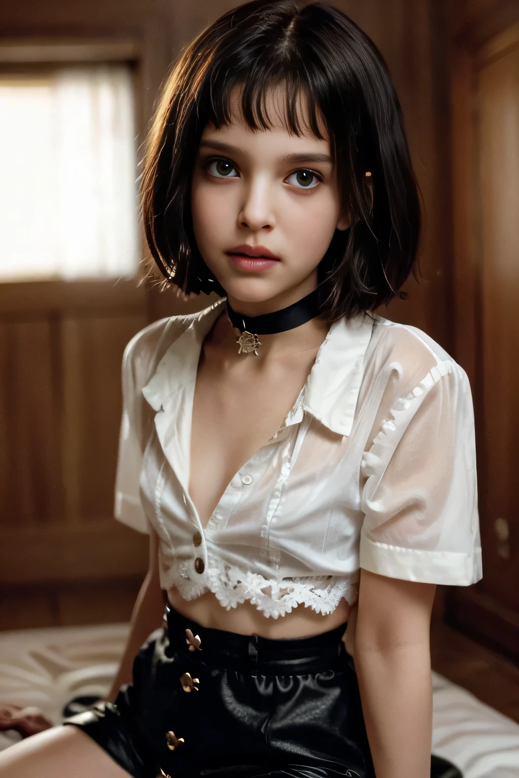 (Matilda, ta, Natalie Portman from LEON the Professional movie), short hair with bangs, Face of pleasure, face, s,, slim female, Mathilda outfit, detailed face, smirk, ((small breasts, small head)), daylight, sunlight, (perfect body: 1.1), (), (short stright hair: 1.2), black choker, full body photo, street, thin thighs, (extremely detailed 8k CG wallpaper), (an extremely delicate masterpiece), (best quality: 1.0), (ultra high resolution: 1.0), beautiful lighting, perfect lightning, realistic shadows, [high resolution], detailed and ultra-detailed skin, (((color))), perfect angle, confused expression, lost. Small waist, perfect hands, perfect fingers, perfect small round breasts, perfect face, perfect body, perfect image, hentai, taboo, fetish, Ecchi, raw, intricate Details, high quality, 64K, UHD, see-through clothes, micro mini black leather hotpants, black transparent lace shirt with buttons (shirt is unbuttoned, showing naked breasts underneath), puffy breasts,  