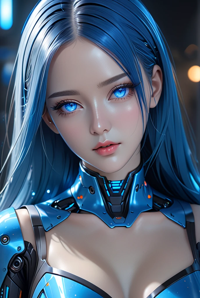 a sexy woman with dark bluish hair, tied up. with sci-fi armor, futuristic robotics, very large breasts