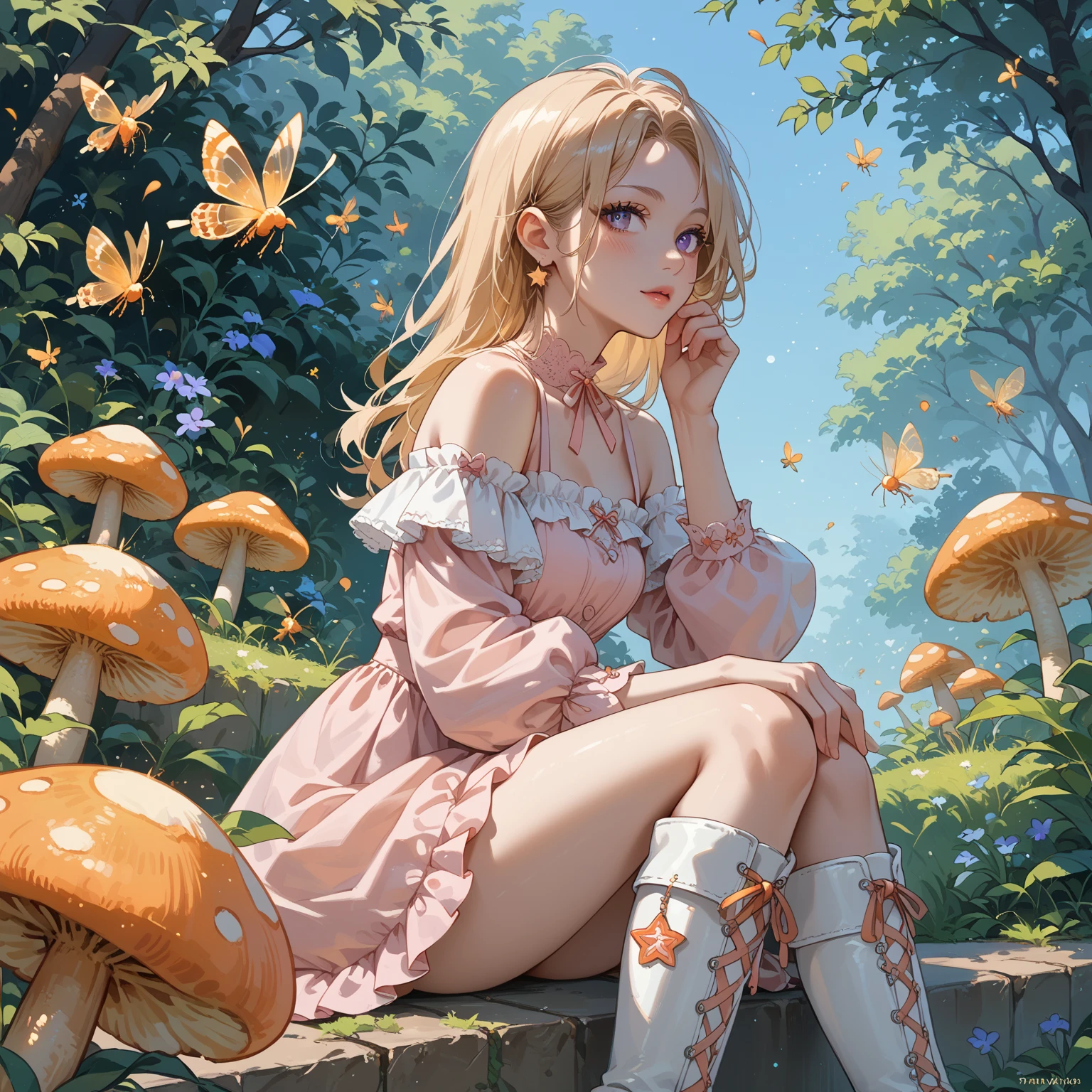 1girl, cute, teen, slender, round face shape with angular jaw, blonde with bangs, grey eyes, bikini top, picking wet pink colorful mushrooms in a celestial forest, sunshine, stripe socks, pink skirt, hhorny touch, windy