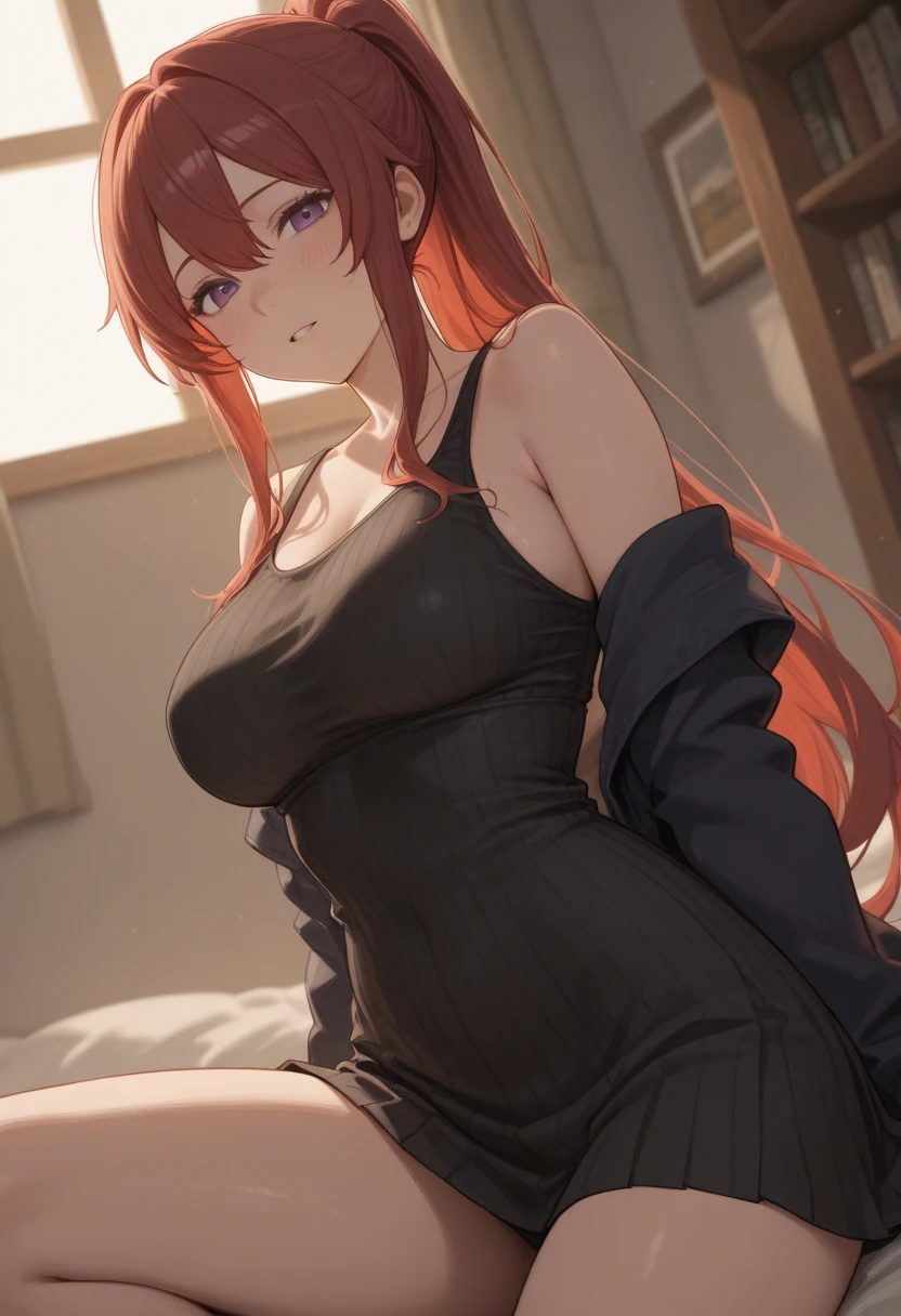 (absurdres, highres, ultra detailed), 1 girl,  20-year-old woman, black skin, plump lips, short woman, cute and delicate. Red hair, freckles on her face, her breasts are small, completely innocent face, full body, she is inside room and sitting on the bed, she is wearing a large green sweater and no pants on. Laptop visible on the bed. Green eyes.