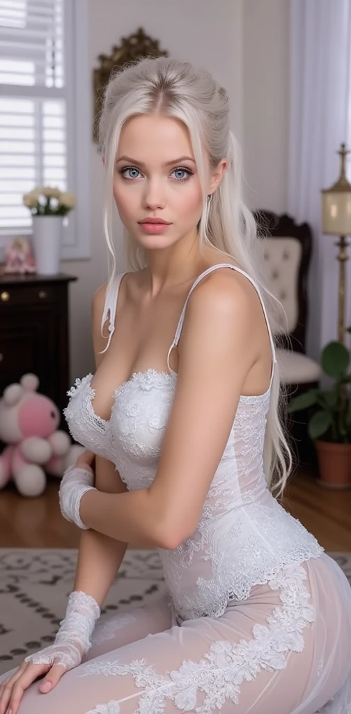White bunny ears, ((crying)),((big scar in her adbomen)), teenage room background, ethereal, devious smile, long white hair, athetic legs, bunny fluffy outfit, cute face, 8k hyperrealism, ((small)), (very detailed face), (selfie point of view), party outfit, short sexy white dress , model session pictures, bunny outfit 