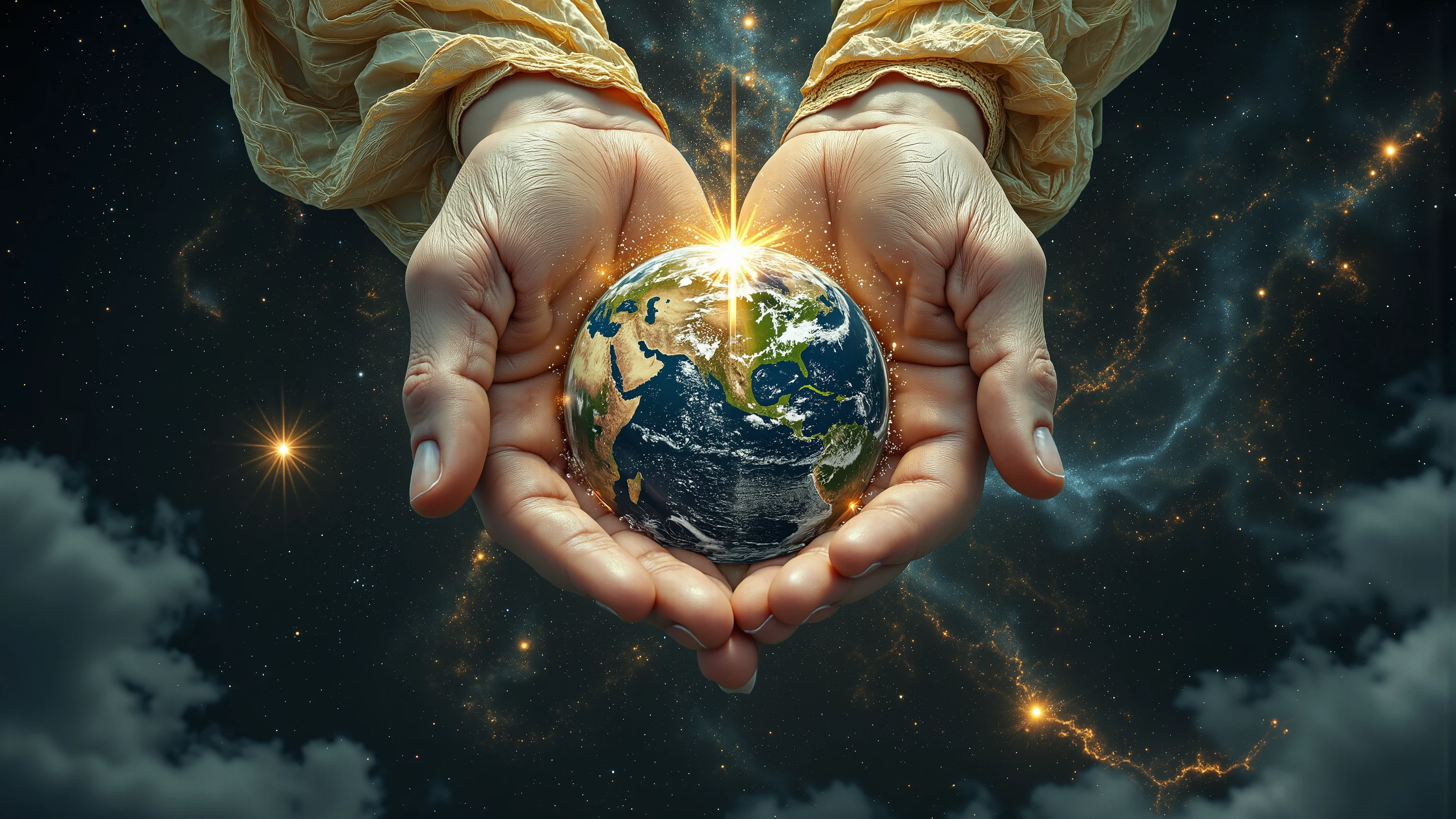 A galactical epic and mystical image of God's hands protecting and shielding the scarred and damaged Earth from any further damage. Painstaking attention for details. A tapestry of galaxies. fantasy, panorama, ray tracing, UHD, HDR, 16K, DSLR, cinematic, photorealistic, masterpiece, award-winning.