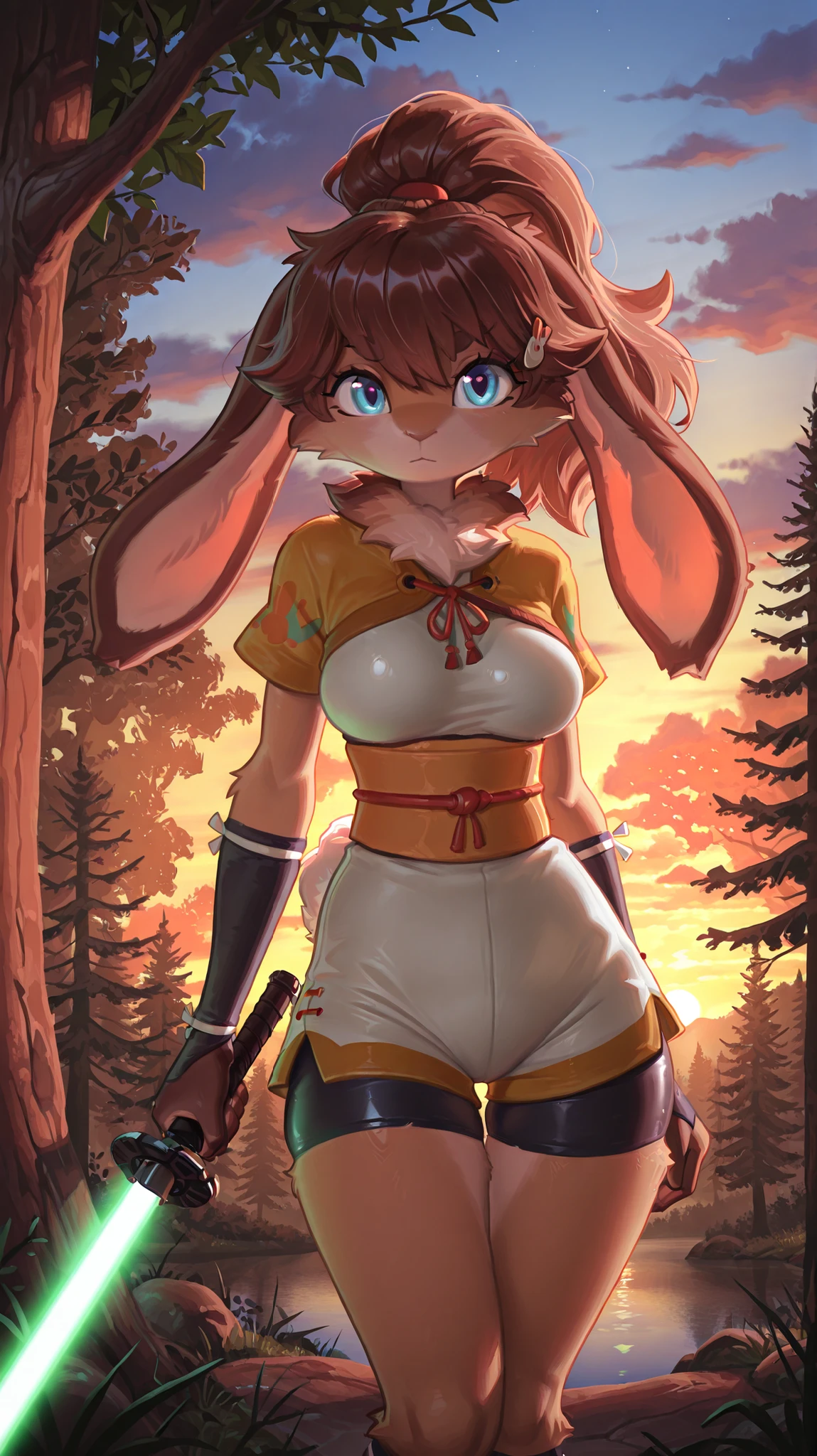 masterpiece, best quality, amazing quality, very aesthetic, high resolution, ultra-detailed, absurdres, newest, scenery, 1girl, rabbit, furry female, blue eyes, looking at the viewer, tail, medium breasts, thighs, hips, female focus, contrast lighting, side lighting, masterpiece, best quality, newest, absurdres, highres, amazing quality, very aesthetic, forest setting, cute eyes, no lineart, cinematic, dynamic angle, solo, sunset, ambient lighting, long hair, brown hair, ponytail, svlop, hair ornaments, body fur, obi, shorts, bike shorts under shorts, solo, holding a green lightsaber with both hands, front view