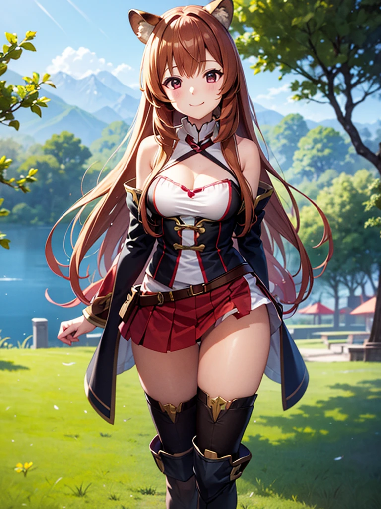 best qualityer, Raf, 1 girl, raccoon ears, raccoon girl, animal ears, only, long hair, chestnut hair, racoon Tailpussy, Tailpussy, mitts, thigh boots, knee boots, ssmile, bangss, thicc thighs, thicc thighs, looking a viewer, whole body, brown mitts, waist belt, long sleeves, standing, don, band, cloused mouth, brown shoes, bronya, short dress, zetai ryouiki, Ultra-High Resolution Red Ribbon, (photorrealistic:1.4), work of art, nblurry background, leve ssmile, slightly pink cheeks,at the forest, clear sky
