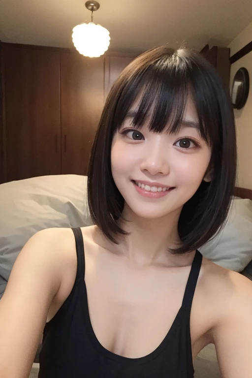uma de uma mulher ela tem cabelo preto with bangs, Hime black haircut, ulzzang, korean, with short hair with bangs, with short hair, dilraba dilmurat, garota gótica korean cruel, white hime cut hairstyle, hair styled like bangs, with bangs, korean symmetrical ,,,,,,,,,,,, She smiles with a dimpled smile and a touch of white teeth.. The image is captured in high quality, with sharp focus and volumetric lighting that accentuates your features. The detailed, realistic skin texture resembles a masterpiece, as if it were taken with a DSLR in soft lighting. She wears light lipstick. The atmosphere is sensual and captivating, as if telling the story of a confident and attractive woman.