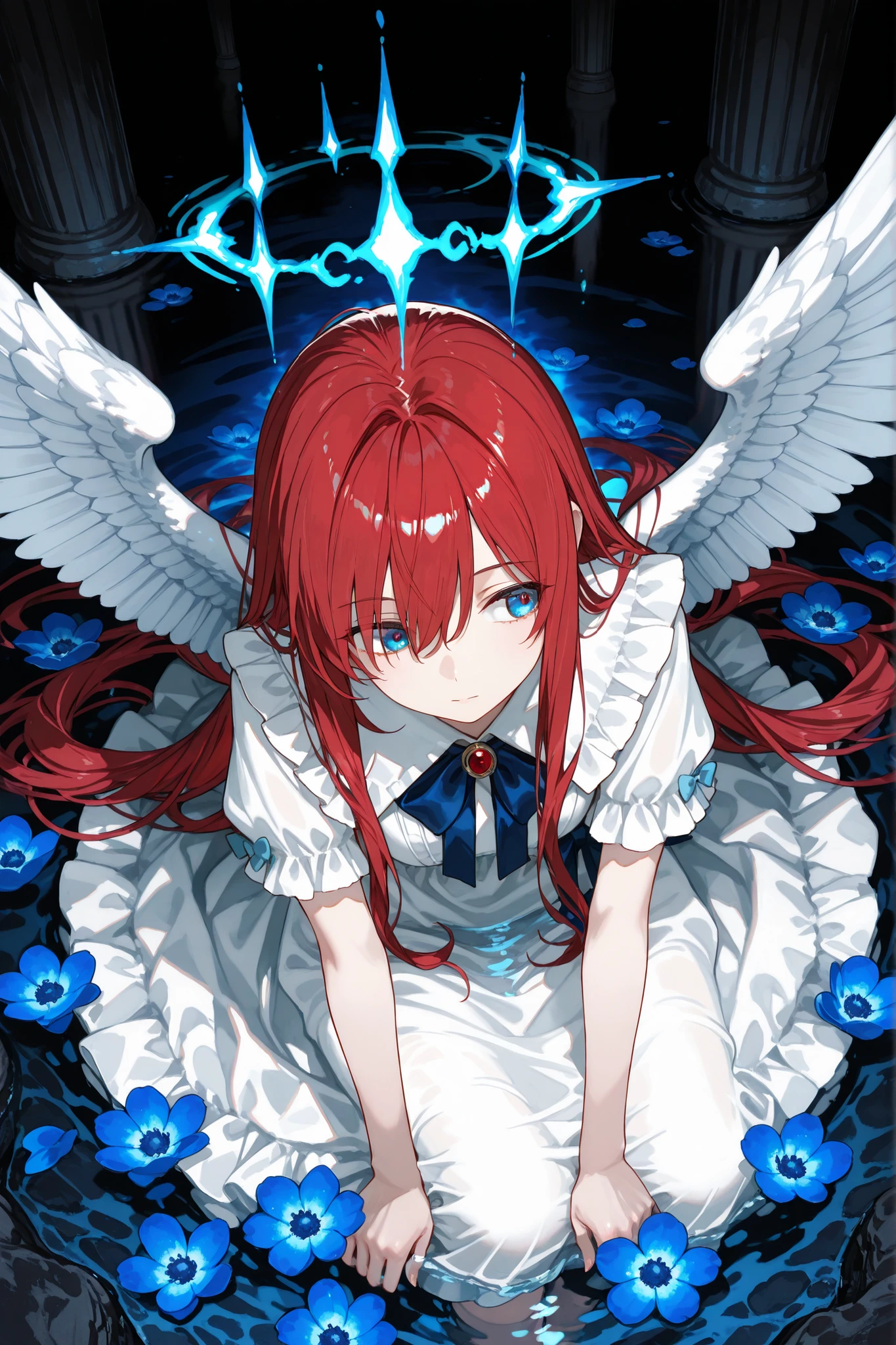 A girl with red hair,focused,gracefully sitting on a rocky shore。with her long hair hanging down,in stark contrast to the busy environment at night。She wears a flowing white dress,with frills and refinement blue bow,reflects a kind of divine purity,The wings and aura further accentuate this。Her gaze is on the serene(Good-looking blue eyes),looking into the camera,Surrounded by bright blue flowers floating in the water。The scene where the soft moonlight bathes from above,It creates a quiet,fantastic atmosphere,dark blue night as a backdrop。