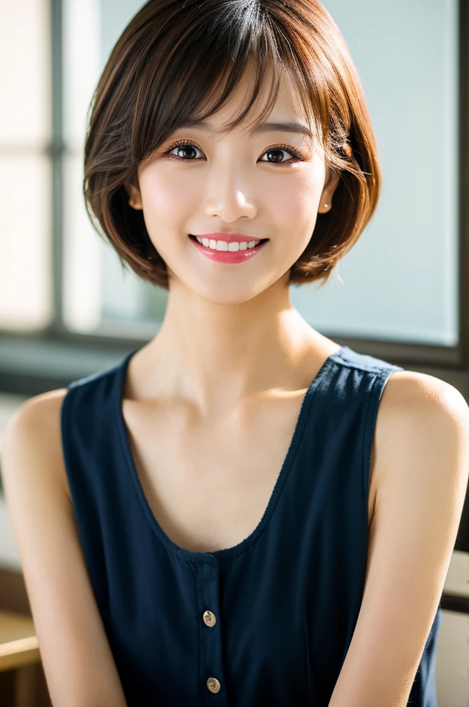 super high quality, Fashion Model, smile, Slenderのネックレス, Slender, The staff is working at the counter in the back., (8k、RAW Photos、Highest quality、masterpiece:1.2), Japanese Idol, Stylish café, (Realistic、Photorealistic:1.37), Mesh Hair, Urban Cafe, Golden Ratio, Raw photo, Cute face , Light Brown Hair, Small breasts, Bright cafe interior, Blurred Background, Summer clothes, Beautiful hairstyle, Photographed inside the cafe, Hair blowing in the wind, Very Short Hair, 18-year-old,