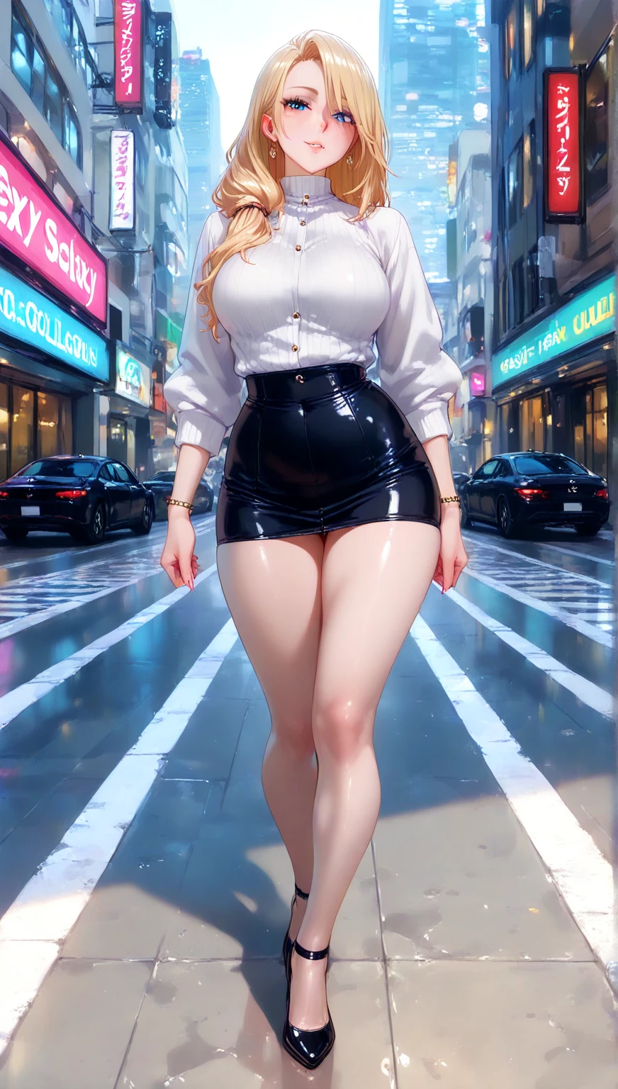 Full body frontal view of an albino woman with freckles, highly detailed face, large, well-detailed eyes, extremely beautiful, extremely slender, symmetrical body, thin waist, wide hips, thighs (thick with muscles), sensualizing with her mouth, with a highly exciting seductive expression, wearing short brown leather skirt, and a short pink blouse, showing her belly, in the busy neon-lit night streets of Bangkok, ultra-realistic image, perfect symmetry, vibrant and sharp, dynamic vision, high level of detail and definition, 1200 PPI - Photographic resolution with greater color realism, hyper-realistic, high fidelity, cinematic, 16K UHD image resolution.
