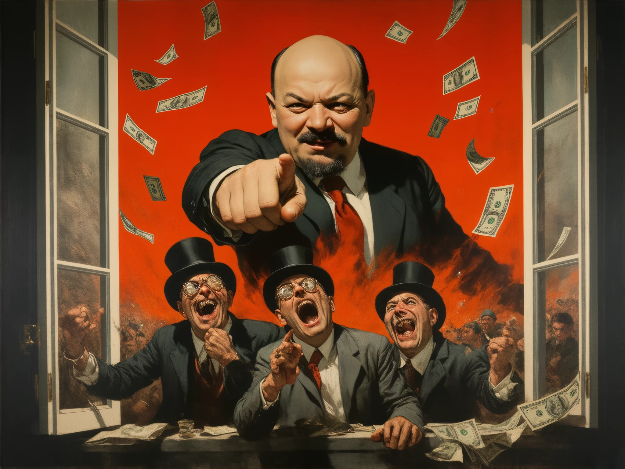 A satirical Soviet-style propaganda poster with absurdist cartoon elements, featuring a bald Vladimir Lenin (no hat) grinning mischievously as he emphatically points his comically oversized hand toward an open window. Three terrified bourgeois men in top hats and monocles react with exaggerated horror - one stumbling backward, another clutching his face, the third desperately grabbing his hat. Through the window, surreal capitalist symbols (flying dollar bills, bursting bubbles labeled 'CAPITAL') dissolve into nothingness. The composition uses bold constructivist geometry with sharp red/black/yellow colors, dramatic lighting highlighting Lenin's bald head and giant pointing hand as the focal point. Textured brushstrokes and subtle Cyrillic text fragments ('Пролетарии...') enhance the vintage propaganda aesthetic, while maintaining clear cartoonish exaggeration for comedic effect."
Negative prompt: "photorealism, modern elements, symmetry, cluttered composition, disfigured anatomy