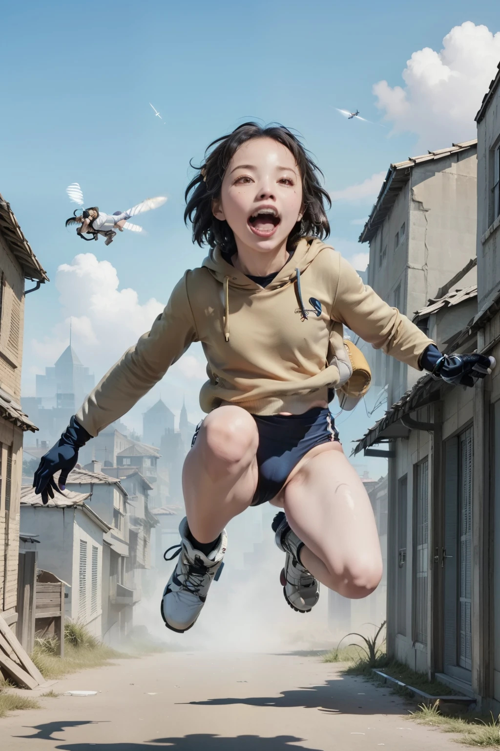 (masterpiece, best quality), 1girl , petites, , slim, wearing a Black gymnastics bloomers, High leg、white blouse,unclear( top quality made of straw、 masterpiece、 high definition)、((1 person)), ,masterpiece, TOP QUALITY, 超high definition, rich contrast , HD ,8k, High DefinitionCG Unit Wallpaper,texture, Incredibly Silly , 超high definition , Deep Borderline 1 .2,super detailed eyes , functional,TOP QUALITY, high contrast, contrast color , 16k, Incredibly High Resolution, horror fantasy,ruins,Destroyed cityscape,SF,Near future,(beautiful woman under hoodie,pale face, long hair,White color clothes),
Ruins Building,woman jumping out of the roof, top down,Woman jumping out into the air,woman doing somersaults in the air,Backflip,((women wearing mechanical shoes(flying shoes,flying boots,I have a flying glove in my hand,)))Woman running through the air,A mechanical flying glove,