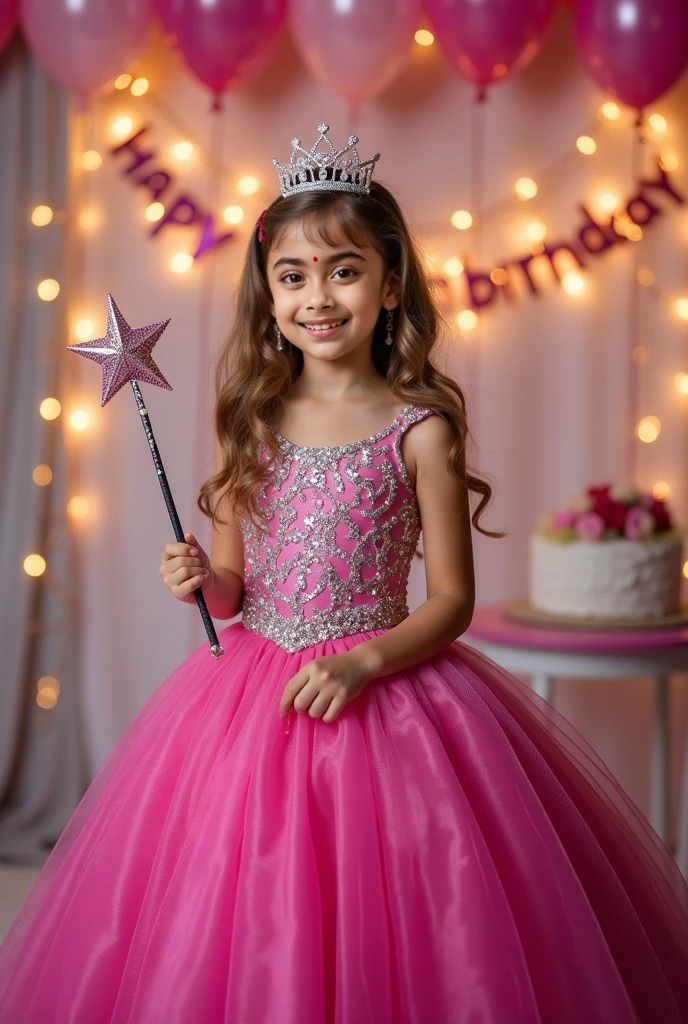 A highly detailed ultra realistic photography of filipina 5 years old baby girl dressed by a barbie gown in a background of birthday with barbie balloons and cake infront.