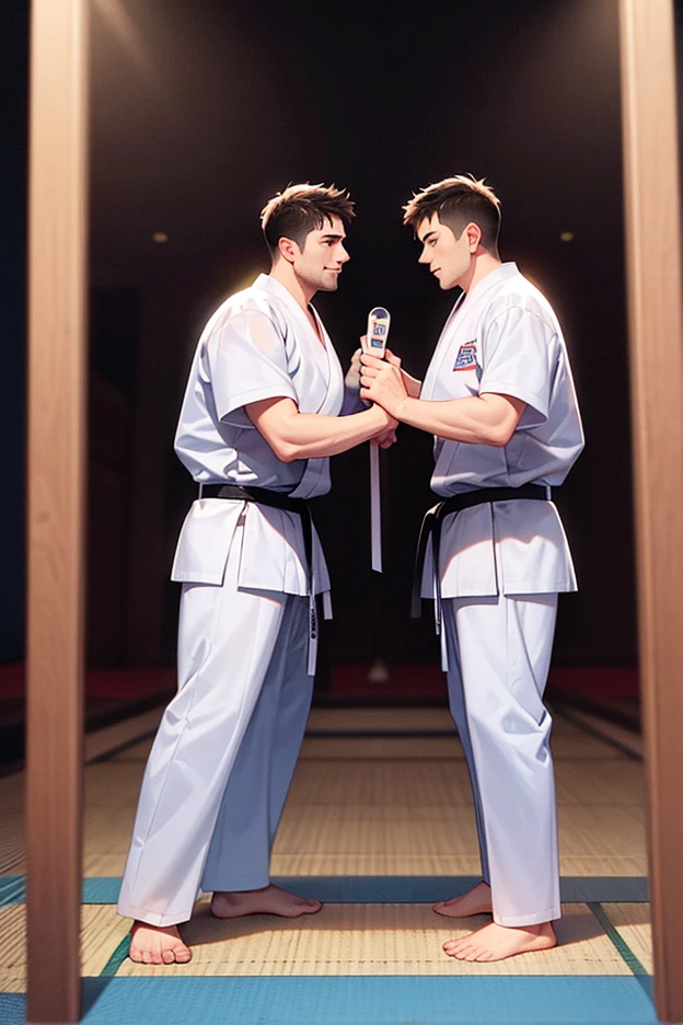 twin man and woman fighting, black short hair, taekwondo sport wear, cloths covered, serious expression, dojo, taekwondo, energy, wind blowing hair and cloths, colorful shade, Masterpiece, hi-quality.