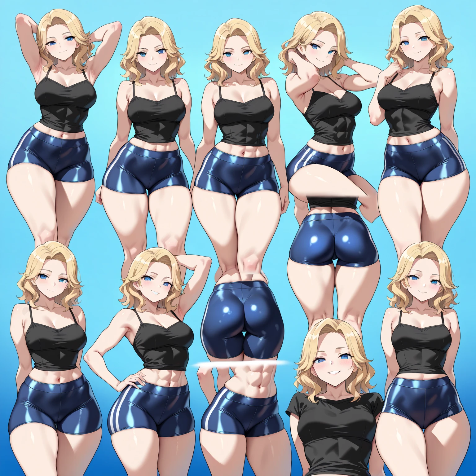 woman,full body,smiling,front view, glowing logo crop top, blue leggings, thigh gap, beach