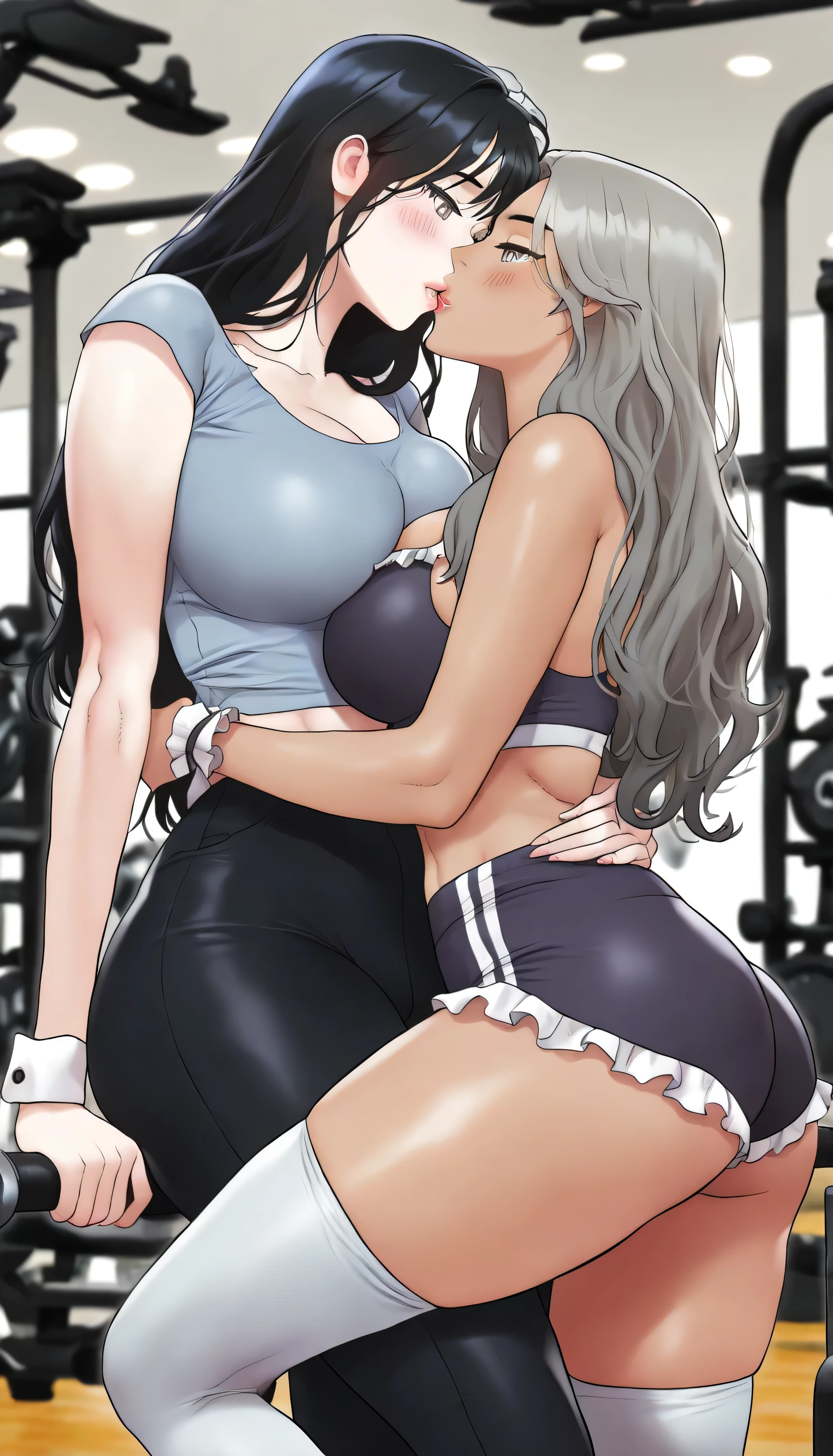 lesbian (with a very tight school suit), big breasts, big thighs,that he has a very sexy physique,que se bese con su novia que tenga big breasts, big thighs,very sexy body (naked)that they are kissing in the gym,lesbian love