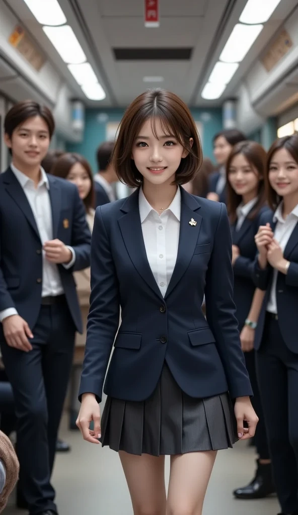 ((Highest quality, 8K, Representative works in detail, Ultra-high resolution)), (Looking at the audience), ((Female employees talking at Glass Square)), Attractive woman, ((Big Breasts)), smile, ((Black Choker)), Slim figure, (blue eyes), Long eyelashes, bangs, Beautiful shiny brown hair, Nogizaka idol, Slim face、((business suit,uniform))、Dependents、Female Employees、Glass Square、blue sky、((In a meeting))、Bright red lipstick、Elegant woman、Satin shirt