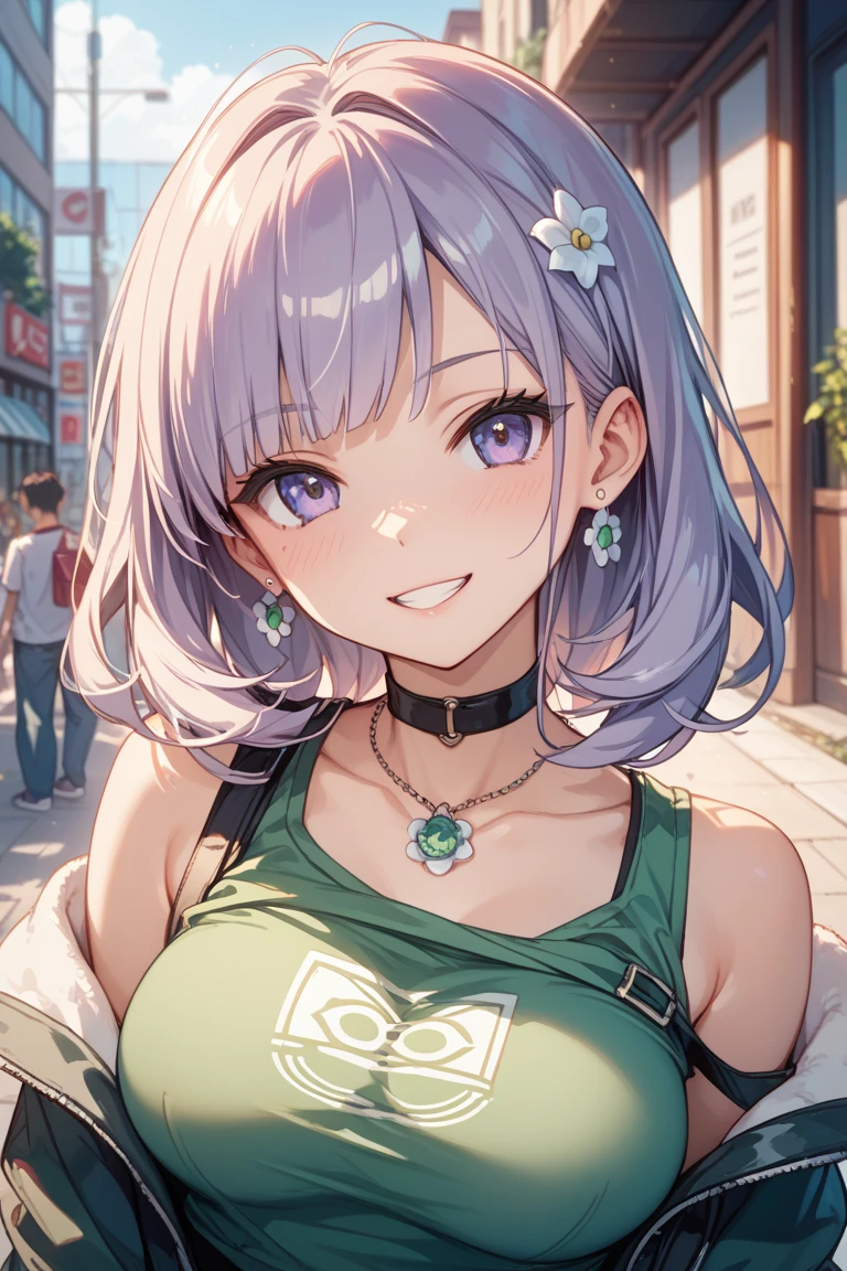 1girl, summer, village, trees, sun, clouds, ((colorful hair)), ponytail, large breasts, button down, blue eyes, ((purple shirt)), ((unbuttoned shirt)), unbuttoning buttons, popping buttons, ((short sleeved shirt)), black mini skirt, brown shoes, grin, looking at the viewer, standing, hair ribbon, cleavage, golden necklate