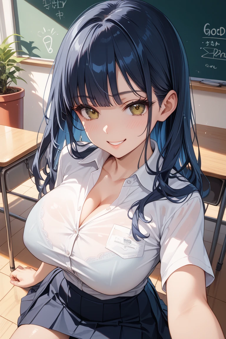 Hoshino Ichika,Project Sekai,project sekai,One girl,grin,high school girl,Blue-black hair,black eye,beautiful girl,long hair,School,White shirt,Blue tie,skirt,Sitting in a chair,Watching the audience,nsfw,The shirt is unbuttoned,Unfolding his shirt,