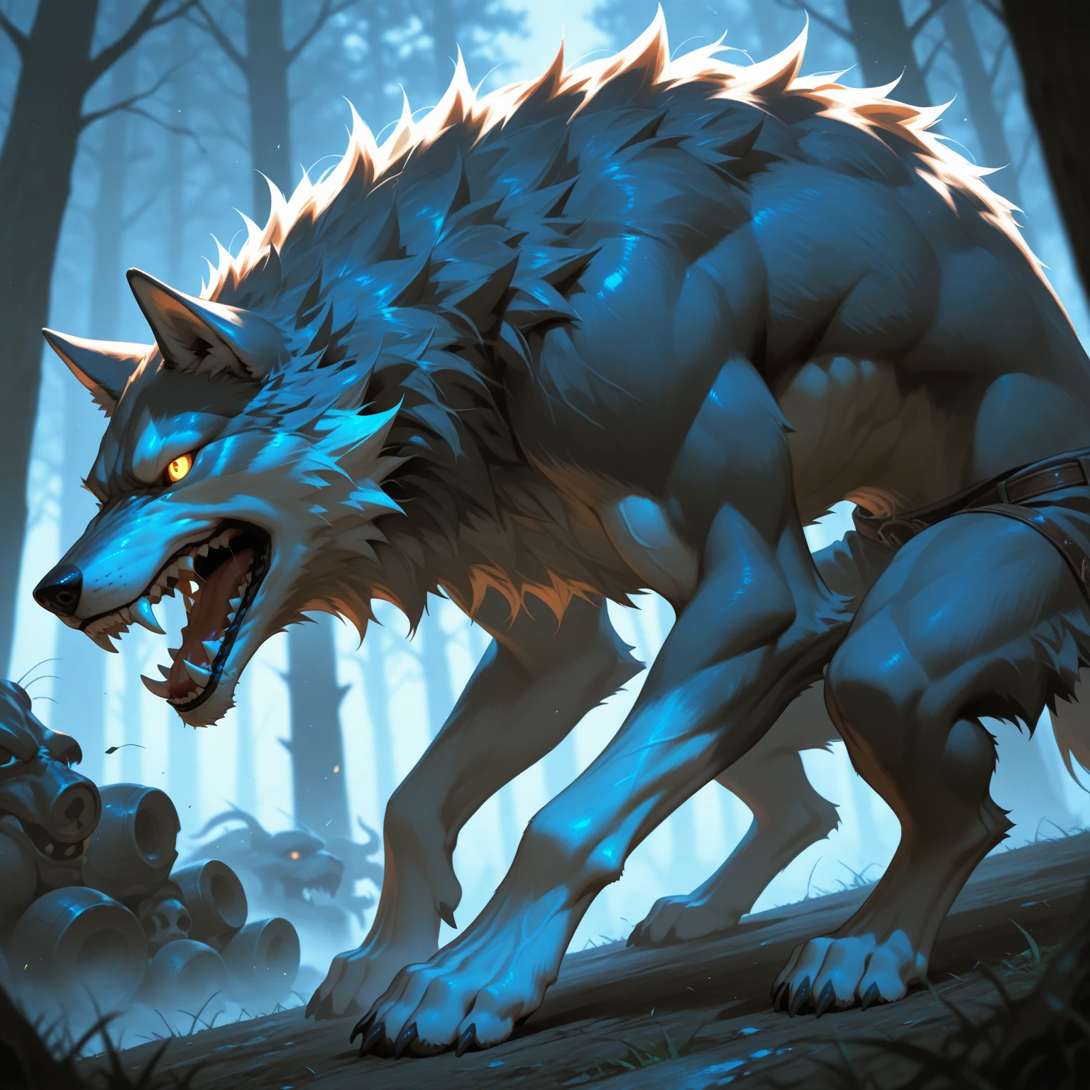 male wolf, comic style, illustration, Alone, ABS, Pecs, concentrated expression, male body, masterpiece, Best Art, Whole body, digitigrade, by ouna, by taran violinist, ripped shorts, broken shirt, Detailed hands, high, detailed eyes, big tail, detailed torso, low angle view, forest, expression of pain, transformation, Screams, All fours, quadruped