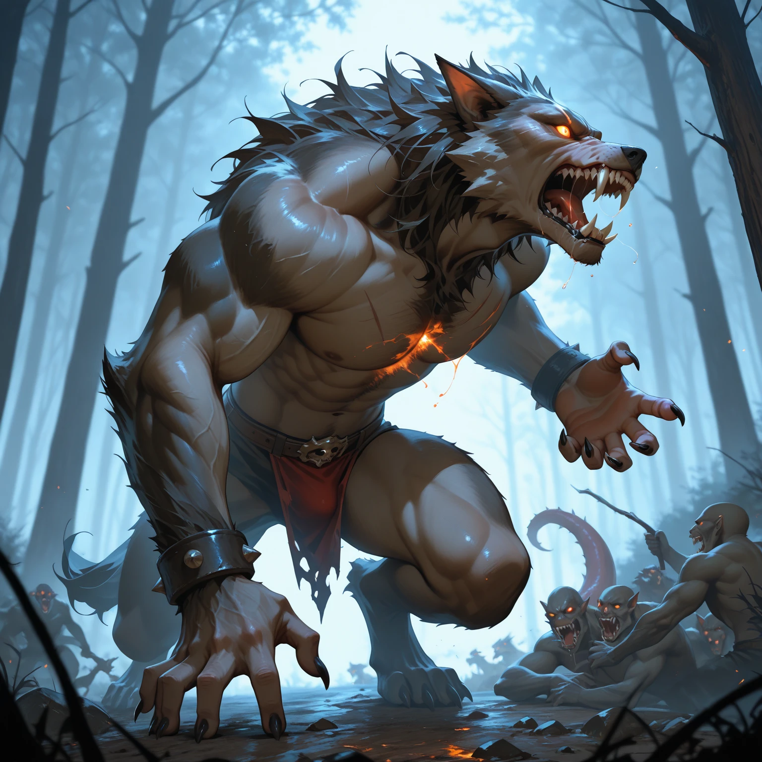 Werewolf fighting a human in the forest