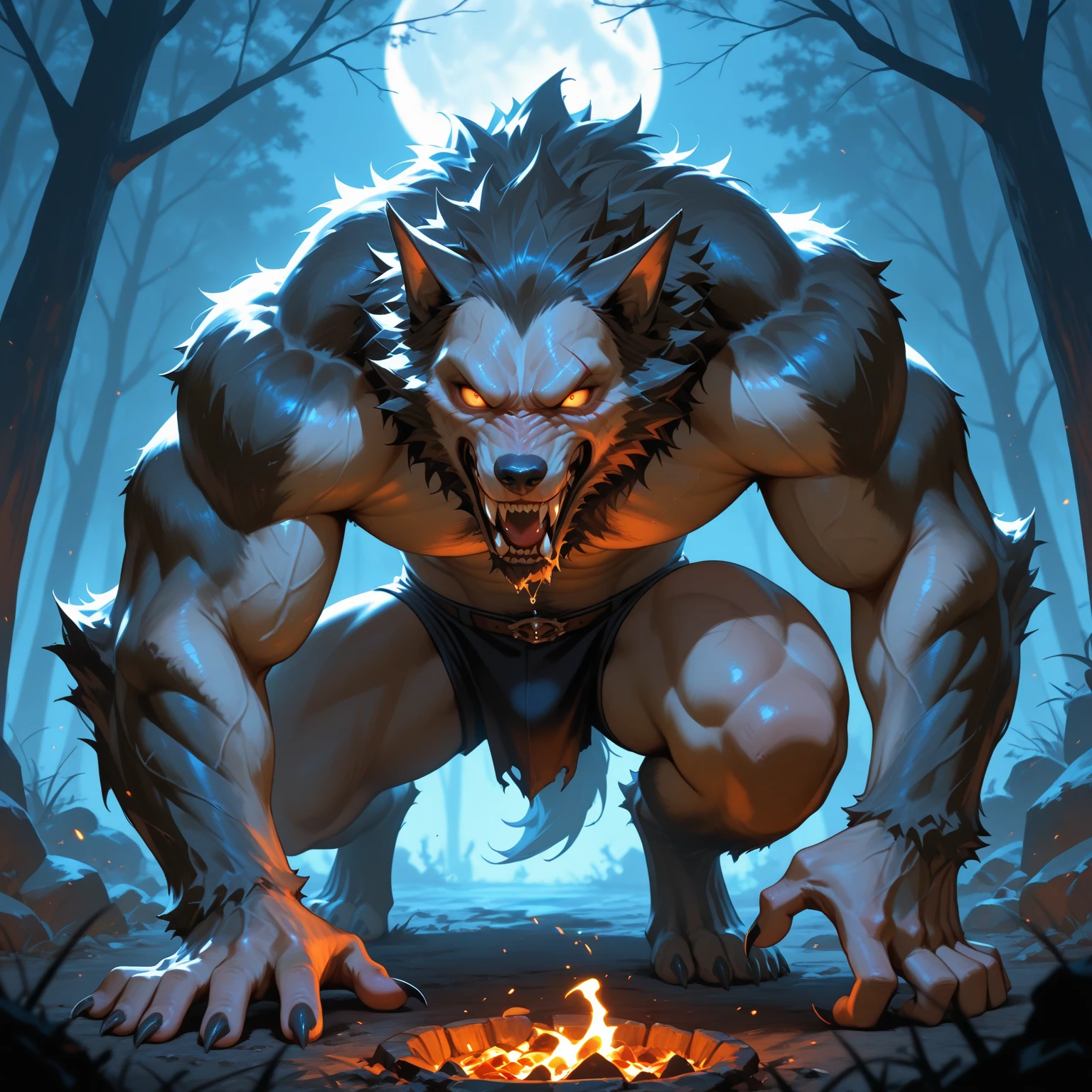 (Estilo arte mais realista)Make a furry werewolf body covered in black fur, com listras vermelhas entre os olho com pupilas de um lobo comum com a cor vermelha sem brilhar, com musculos super enormes, pernas musculosas, muscular arms with defined abdomen and large chest well detailed and hottest inside a forest at night doing attractive bodybuilder pose from the side showing the muscles with an attractive look looking at the viewer, totally now, full HD alta qualidade, Lua cheia