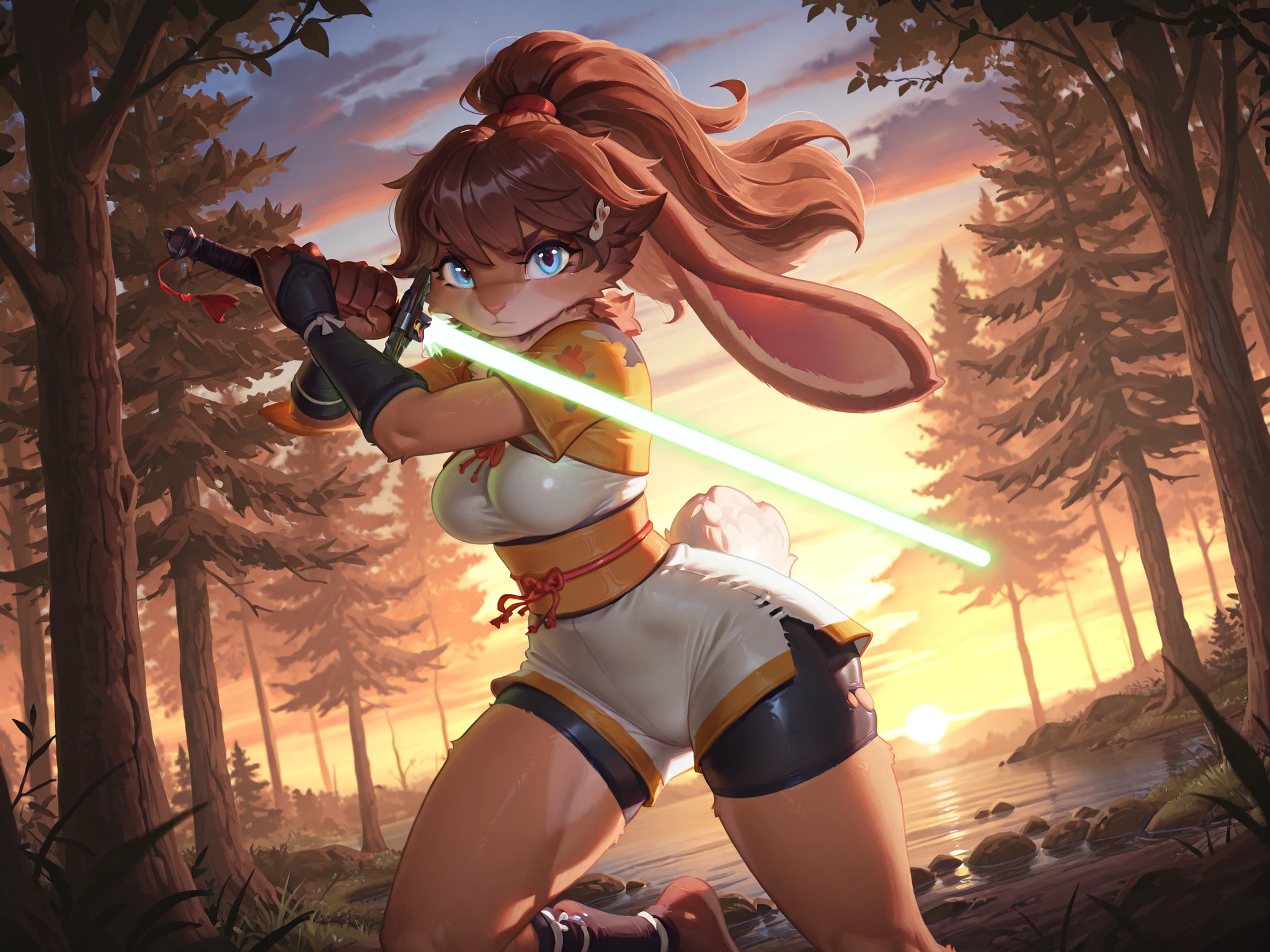 masterpiece, best quality, amazing quality, very aesthetic, high resolution, ultra-detailed, absurdres, newest, scenery, 1girl, rabbit, furry female, blue eyes, looking at the viewer, tail, medium breasts, thighs, hips, female focus, contrast lighting, side lighting, masterpiece, best quality, newest, absurdres, highres, amazing quality, very aesthetic, forest setting, cute eyes, no lineart, cinematic, dynamic angle, solo, sunset, ambient lighting, long hair, brown hair, ponytail, svlop, hair ornaments, body fur, obi, shorts, bike shorts under shorts, solo, holding a green lightsaber, dynamic pose, sword fighting, torn clothes