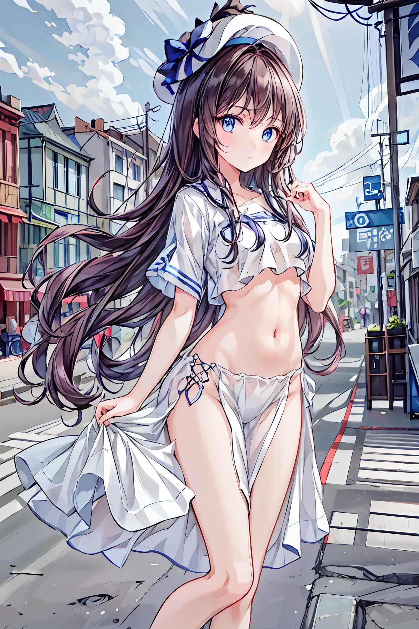 (masterpiece), best quality, 1girl, 8-year-old, cute petit girl, flat breast, black hair, very long hair, looking at viewer,
she are wearing one piece dress, white dress, sundress, summer dress, see through lace dress, micro short dress, micro mini dress, she doesn't wear underwear, No wearing bra, No wearing panties, Nipples protruding through the dress, (covered erect nipples), The material of her clothes are so thin that her breasts are clearly visible, bare shoulders, not wearing any jacket, she are wearing no sleeve clothes, her crotch is visible because her skirt is too small, pussy is visible because the hem of her dress is upper than the crotch, (under crotch:1.5), she doesn't have pubic hair,
she stands with spreading legs herself, bend down, acting super shy, behind the building, leaning back against the wall, There's a passerby behind her, blush, Alley,