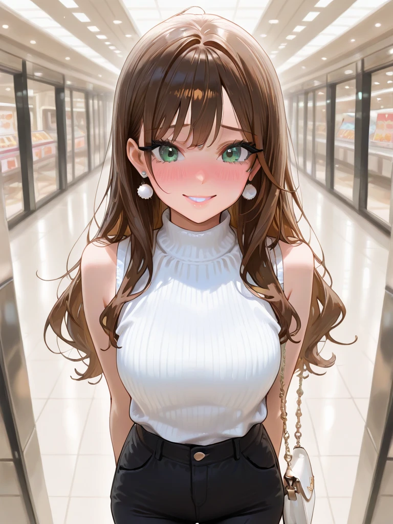 (masterpiece, best quality), pixel art, perfect slim fit body, huge breasts, wavy hair, bracelet, necklace, strapless tube top, miniskirt, pantyhose, shopping mall
