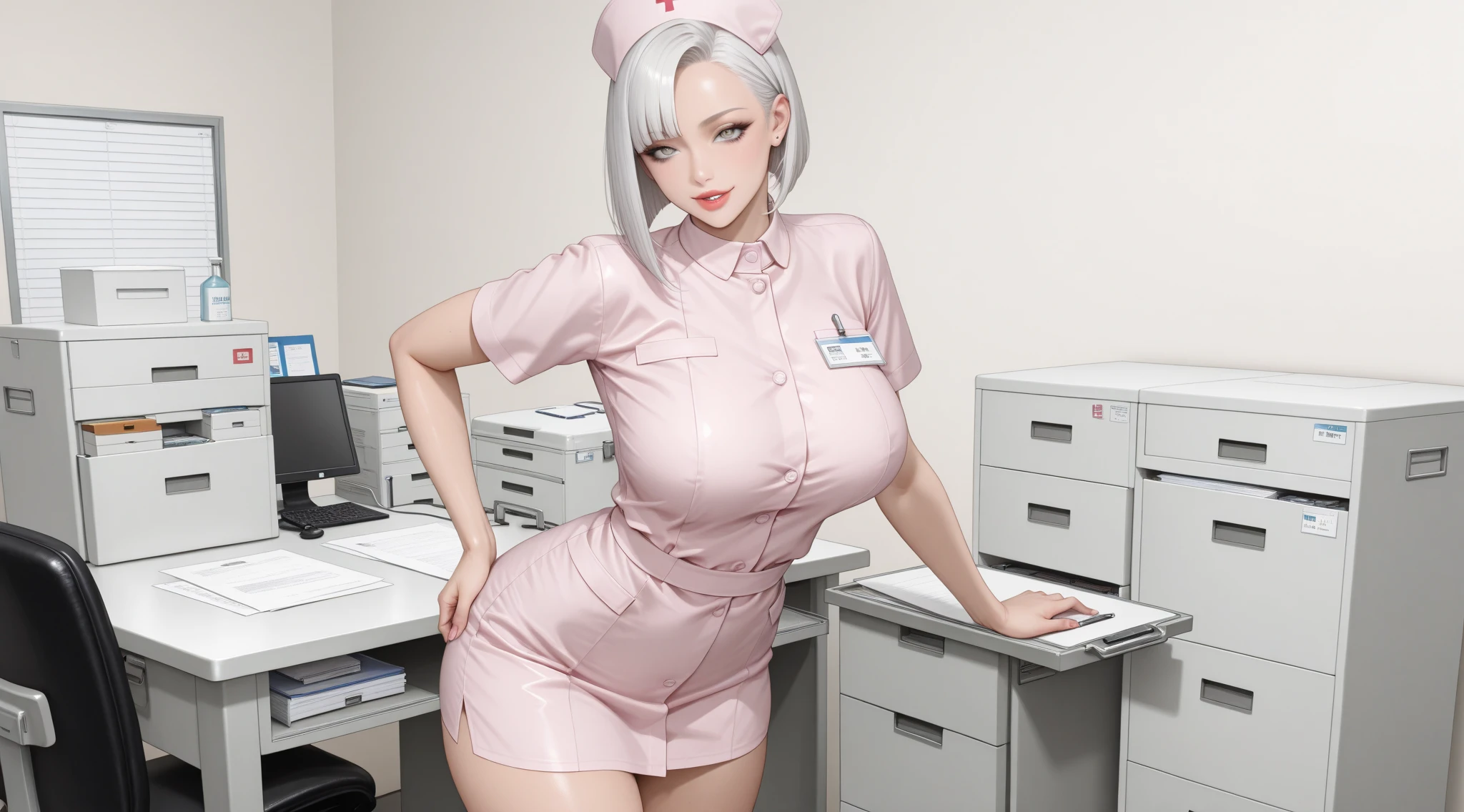 nurse uniform,hospital, latex nurse suit,nurses,busty,elbow gloves,labcoat,silverhair woman,azure eyes , gigantic boobs ,medical instruments,asian nurse,two nurses,speculum,examination room,oversize boobs, ,big ass ,strap on, lay on table ,legs spreaded,giving birth,gyno chair , dentist,Milf,