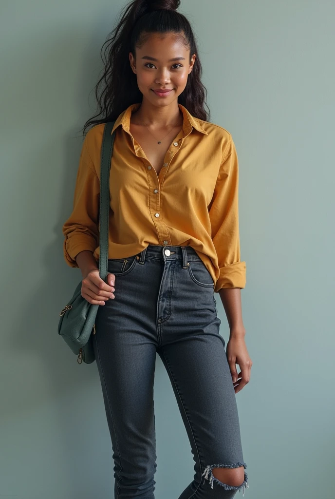Masterpiece, highest quality, realistic, very fine details, high resolution, 1 beautiful woman, indian, 20 years old, bright smile, dimples, black long hair, medium breasts, brown eyes, beautiful eyes, detailed And realistic bright skin texture, height 170, frontal shot, full body shot, jeans, formal yellow shirt, cafe,