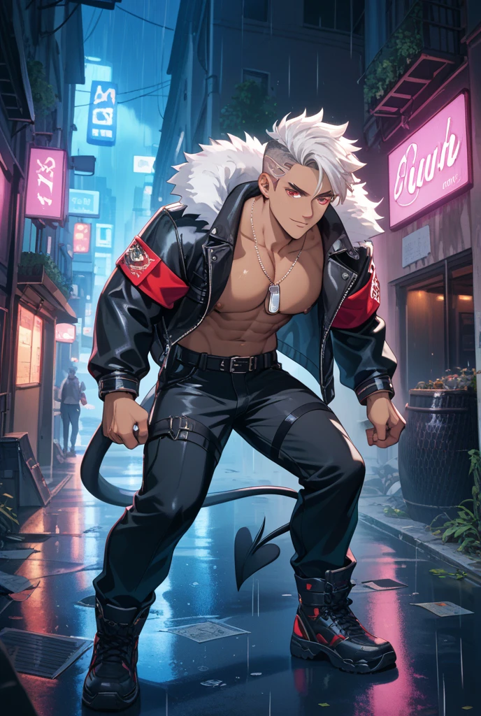 indong, lucusold, lanxus, a skinny young adult, teenager, skinny body type, tall and skinny body, not muscular, furry white lion wearing ((punk outfit, spiky leather jacket:1.2)), voluminus white full lion’s maine, skinny shoulders, spiky choker collar, leather pant, bulge, in the street at night, 6 pack abs, tongs out, punk attitude, holding a metal baseball bat, lowres, danbooru and artstation, heavy detailed,tall, skinny, long arms, long legs, commission for high res, detailed but rough, semirealistic:1.3