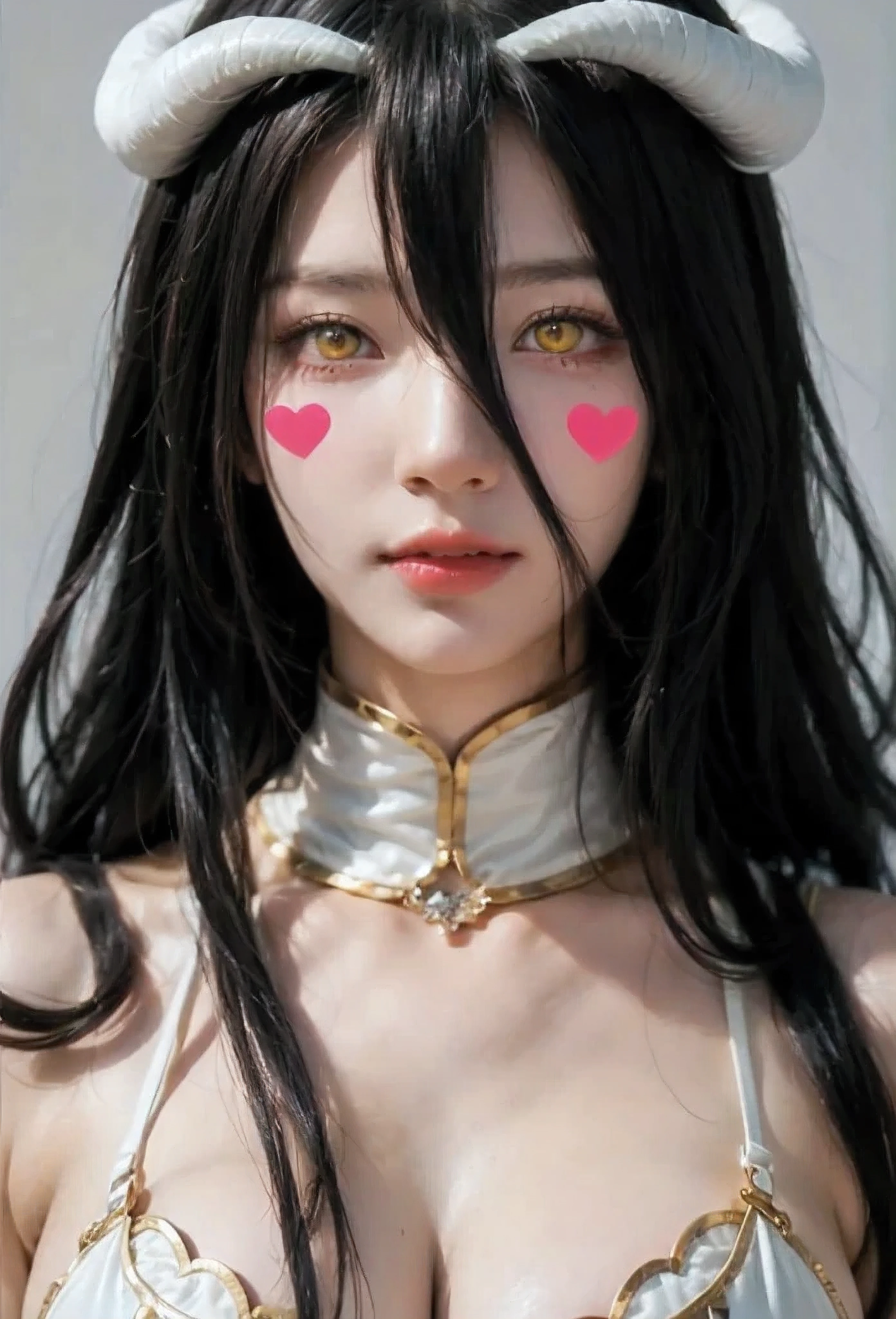 ( masterpiece , best quality ), 1 girl,2d, beautiful face, demon horns ,( long black hair ),( black hair)( black hair largo),( yellow eyes ),pesones with cold , HIGH QUALITY,ultra detailed , albedo,choke, long hair, big breasts , self-adhesive stickers for nipple heart-shaped lingerie, love tattoos on face