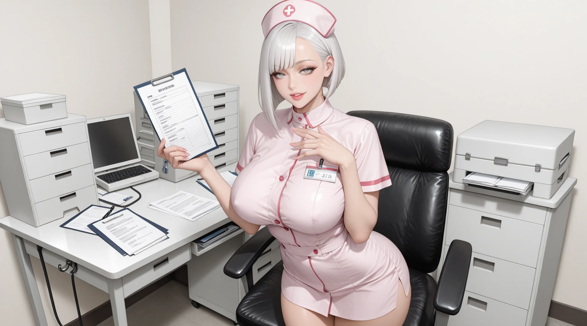 1girl, solo, nurse, nurse cap, white wear, ((white legwear, zettai ryouiki, large chest)), white gloves, white hair, long hair, pink eyes, drooping eyes, smile, standing, ((hospital room)), kitchen knife in hand, blood on knife, stethoscope around neck, sharp outline, short sleeves, best quality, masterpiece, pregnant, sitting on desk, spread legs, ((breasts out))