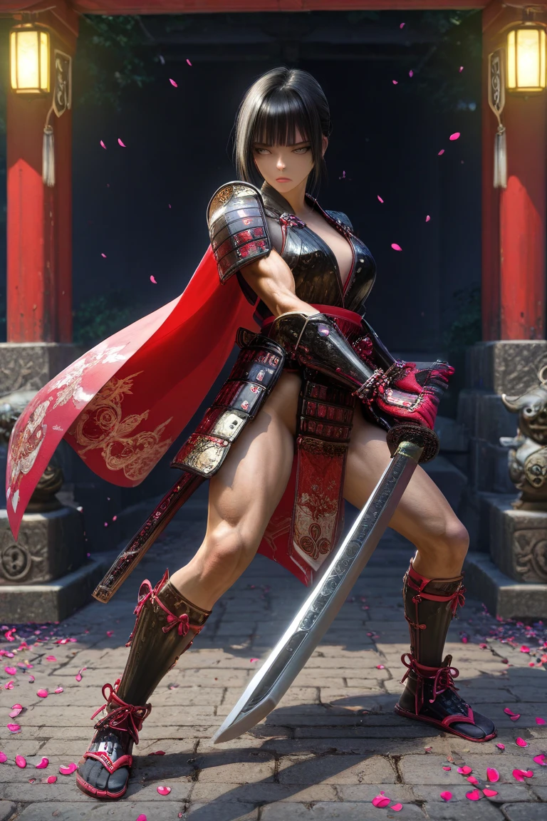 8K, Ultra Realistic CG K, Realistic:1.4, Skin Texture:1.4, Masterpiece:1.4, Beautiful woman in hero's costume standing in front of apocalyptic fire city posing behind, Female hero appears, holding shiny sword in hand, showing muscle belly, red mini skirt , beautiful thin hands, cape Beautiful woman with short cut blonde hair