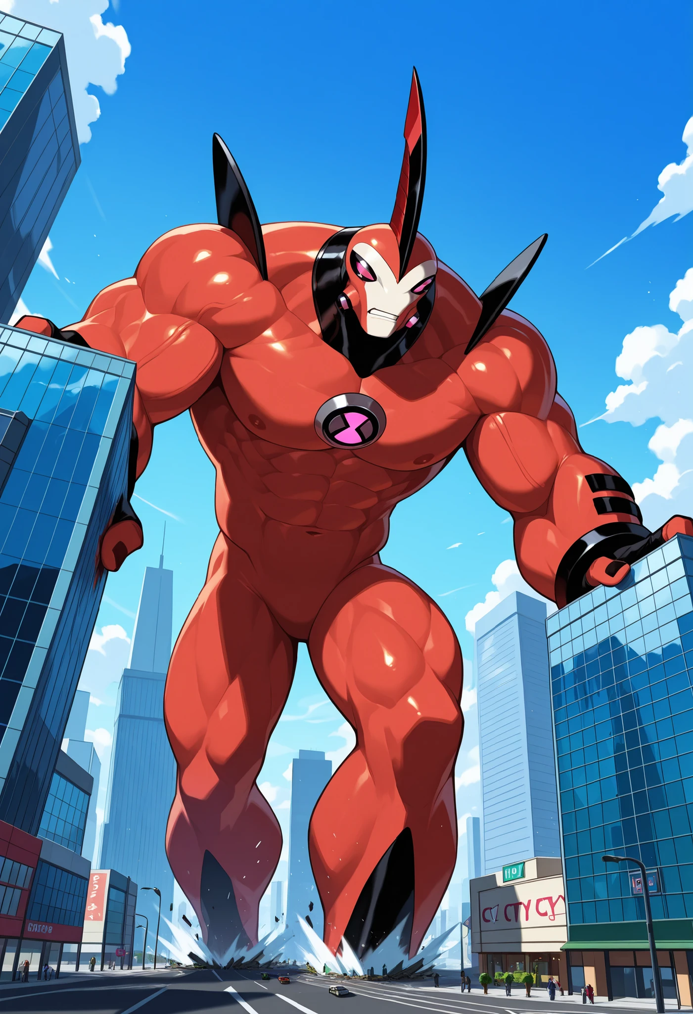 waybig, no humans, alien, horn, causing destruction, muscular, (macro in miniscule city:1.5)