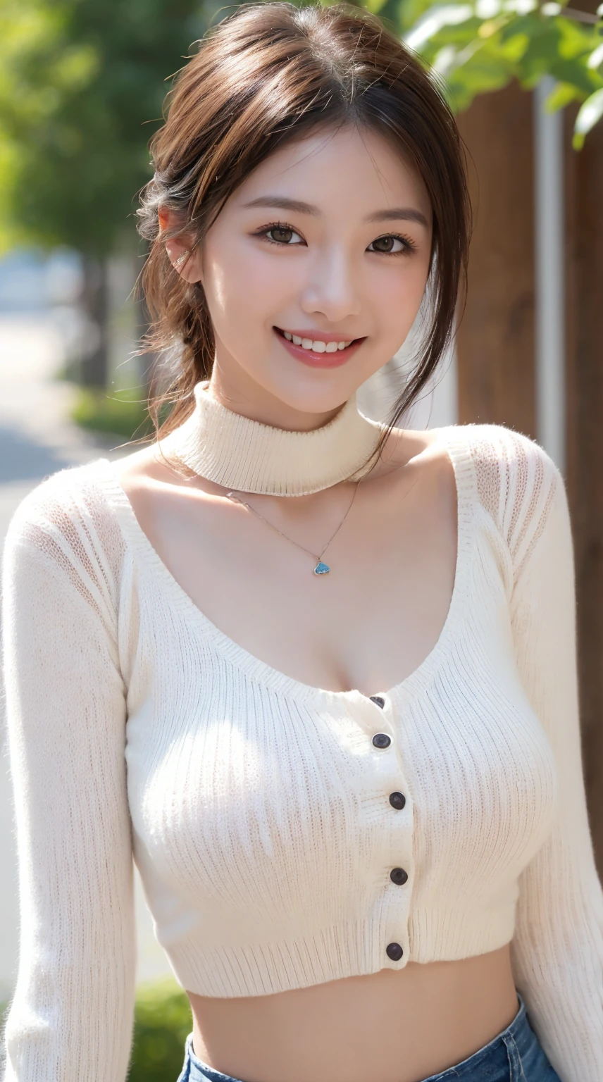 nice smile seeing this、One pretty woman、Bold poses、a smile、18 year old girl、Cute、The upper part of the body、
Under the Autumn Sky、Colorful color sweateredium hair、、Natural color lip、fair white skin、
masutepiece、top-quality、illustratio、ultra-definition、Fine、hight resolution、8k wallpaper、Perfect dynamic composition、beatiful detailed eyes、Clean and correct hands、tre anatomically correct、sharp focus master piece, Best Quality, Illustration, Ultra-detailed, finely detail, hight resolution, 8K Wallpaper, Perfect dynamic composition, Beautiful detailed eyes, Natural color lip, Random and cute poses, flowing bangs,cleavage of the breast, Smile Face,high resolution,16K,high quality,4K,High Detail,8K,Wind Magic,,
