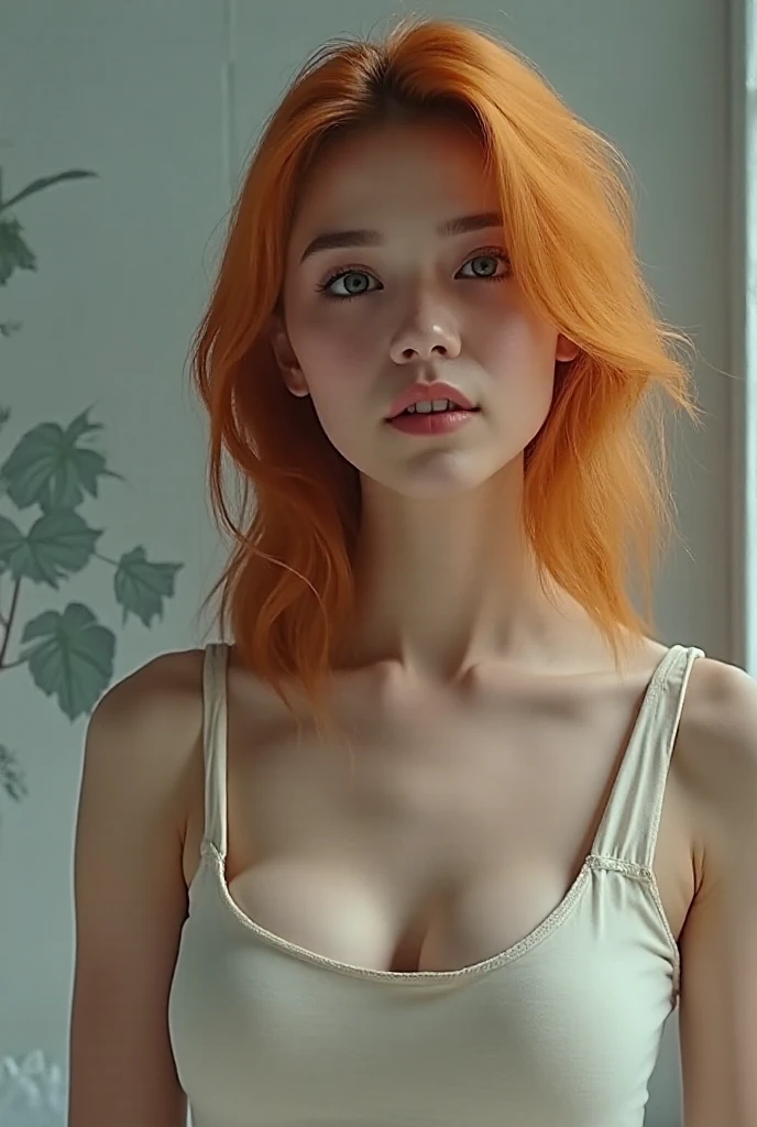 one woman, Gym clothes , long orange hair, green eyes, on a sofa, realistic lighting, camera raw, photorealistic, realistic image, realistic detail, detailed body, detailed face