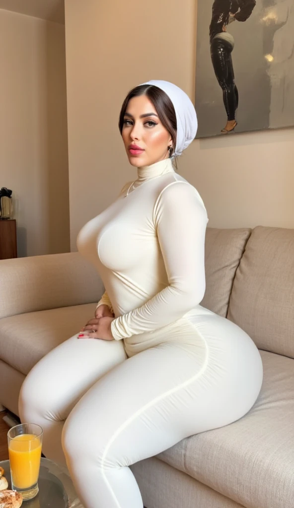 20 years Old, beauty girl, Flat-chest MILF, Tight coat suit, wearing white hijab, Unbuttoned her Suit, Wearing Sexy white lace bra, breast out, at sofa, very tight white legging, Gravure Idol, Seductive face, Seductive smile. freestyle pose at office