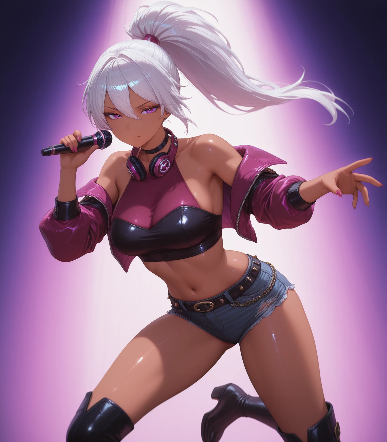 "A solo hip hop gangtsa shot featuring KidaWaifu
(strapless, navel, armlet, tribal skirt, tribal)
(bangs)
(makeup) showcasing her skill as a rapper.. badass on the mic spitting sick ass bars yo !" DealWithIt