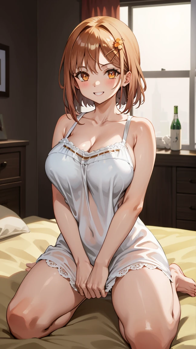 (masterpiece), best quality, expressive eyes, perfect face, 1girl, solo, tomboy, mature female, big breasts, short hair, , orange hair BREAK hair buns, double buns, pink eyes BREAK night dress, orange dress BREAK red lipstick BREAK shiny dress, elbow gloves, white gloves BREAK standing, closed mouth, fancy bedroom, looking_at_viewer, bare shoulders, sleeveless dress, bed, sitting on bed, pov, she gots nice bare legs, smirk, looking at viewer, blush, grin, crossed lefs
