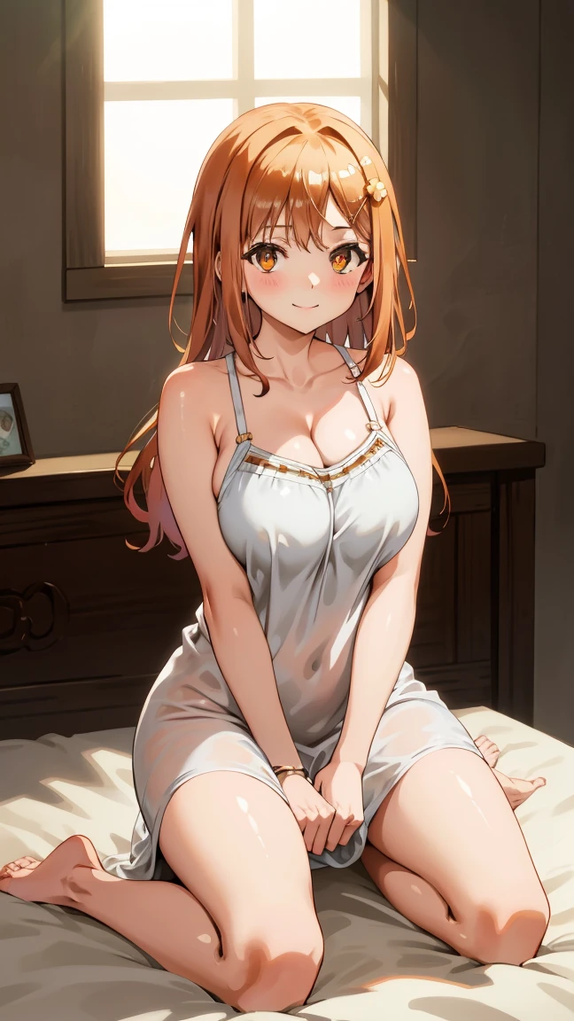 ((Marl)、inside in room、lightly dressed、Valley、full body Esbian、Beautiful legs、blue eyess、Orange hair、nakano miku)、1girl in、​master piece、japanaese girl、absurderes、hight resolution、ultra-detailliert、depth of fields、​masterpiece、extremely details CG、3D Photography、3D background、Unity、8K、Hi-Res、top-quality、shadowy、foco nítido、pale-skinned、A detailed eye、blurry backround、dynamic ungle、Exaggeration of gloss、best super feat、a closed mouth、Look at viewers、cute smile face、Red cheeks、Portrait of a beautiful woman who respects Gret Misaki、superclear