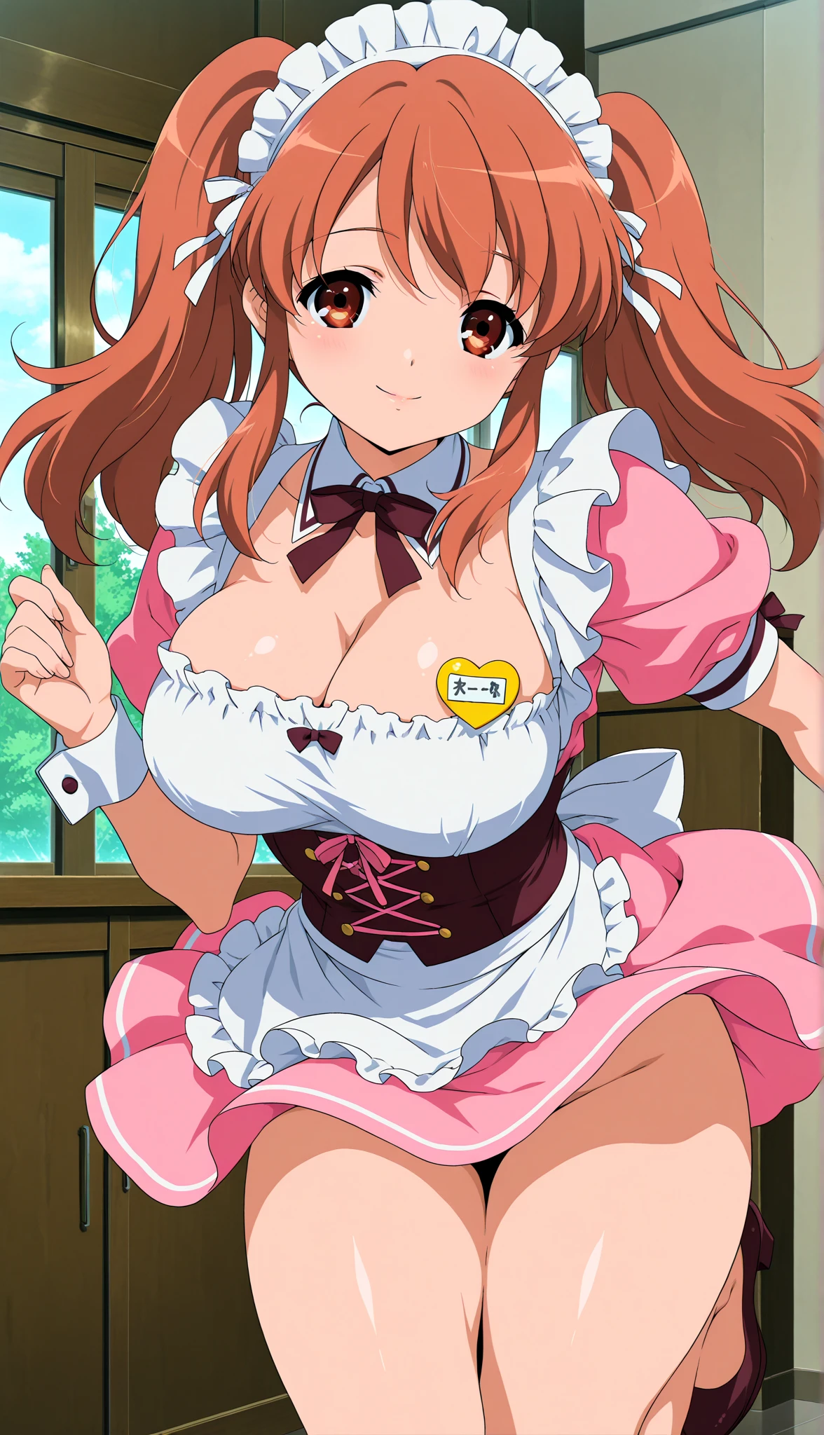 big lips, Brown hair, pink eyes, japanese face, improve, improve grin, two sides up, huge breasts, Wide hips, sexy, detailed, room, Hits, (evil smile1.4), kawaii, bunny skirt, GOOD, rabbit costume, bunny skirt, bunny shirt, bunny choker, bunny skirt, bunny shirt, navel piercing