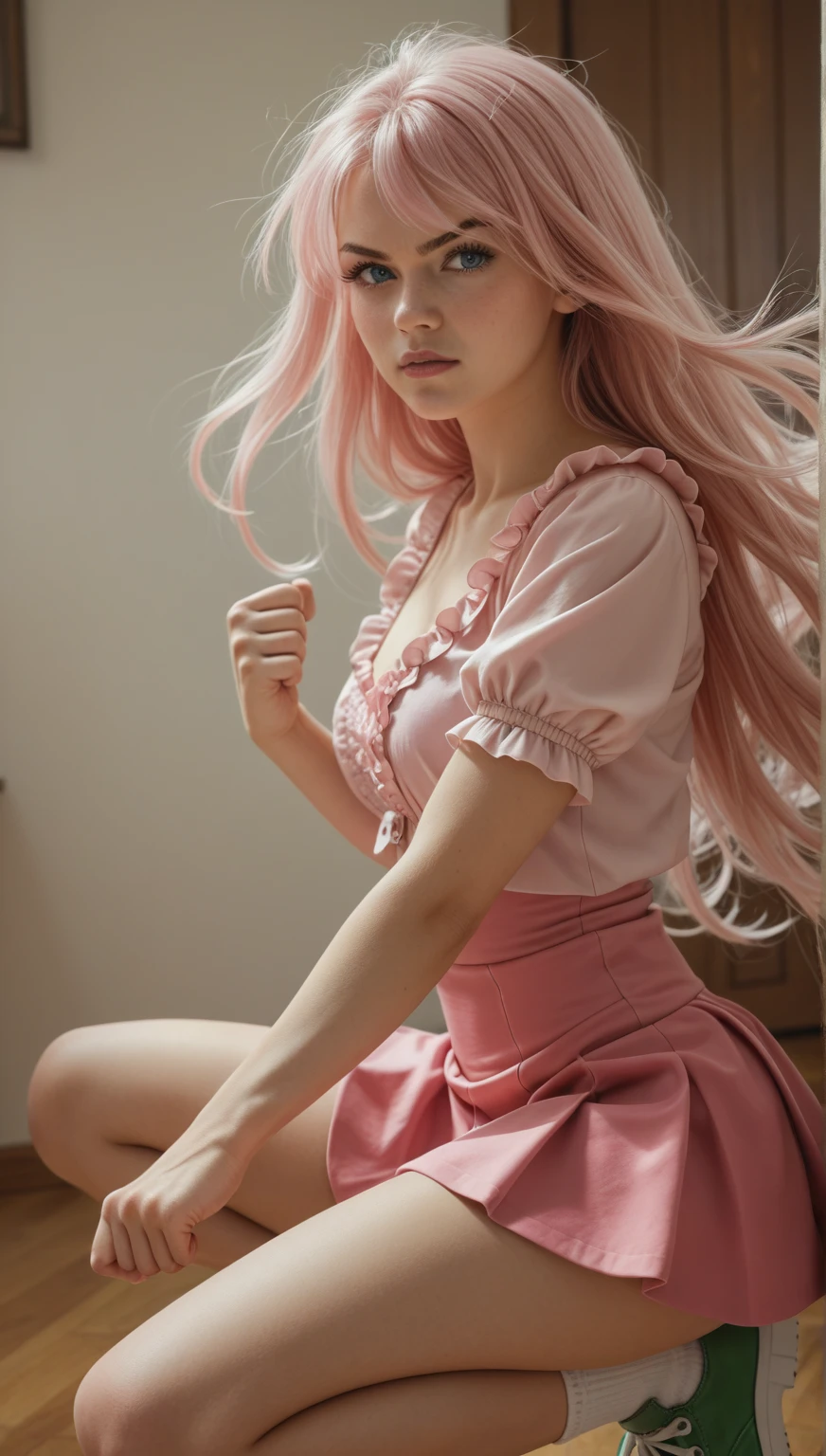 25-year-old Caucasian French girl with shoulder-length messy hair pink, Captured in the best quality, this illustration serves as a 4K wallpaper, short white skirt, pink thong, pink clothes