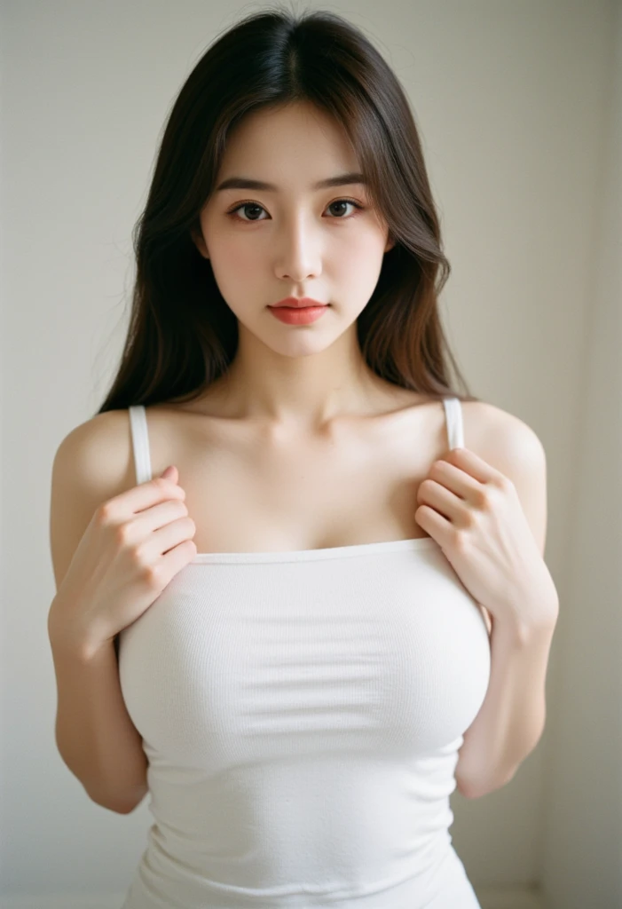 masterpiece, highest quality, 8k, 20th Generation, Large Breasts, cute, alone, sad, cute, Girlish, Delicate girl, Pure beauty,  RAW Photos, Professional photography, Portraiture, Soft Light, Professional Lighting, Backlight, Upper Body, avert your eyes, Sophisticated, Film Grain, (Eyes and facial details:1.0), Short floating hair, Beautiful, flowing hair, bangs, (High school gym jersey(pastel colour))、(Large Breasts:1.0)、You can see a little cleavage、Nipple protrusion、Dolly Makeup、Translucent white skin、White Breasts、Odd Eye、The colour of the left and right eyes are different