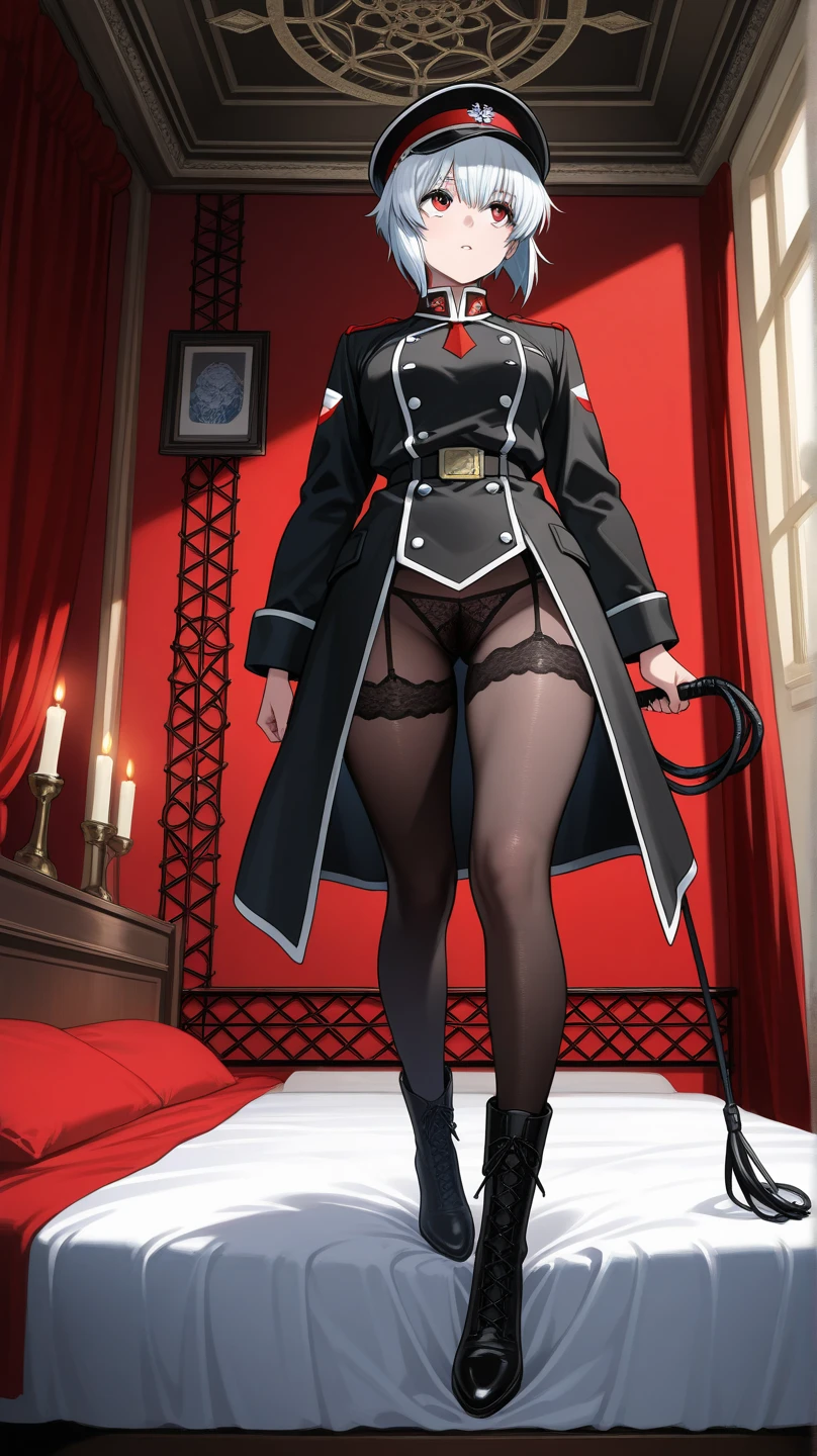 (masterpiece, best quality), intricate details, 1girl, Cammy White from Street Fighter (standing full body toe to head by wooden pole:1.2) iron collar, arms behind back, iron cuffs, shackles, bound, bondage outfit, harness, o-ring, bondage outfit blindfolded cover eyes, happy red cheeks, chain leash collar choker neck bell shackles wristbands bracers bracelets, cleave gag, (highest resolution, distinct_image) best quality, a woman, solo, masterpiece, highly detailed, semi realistic, brown hair, bangs, 23 years old, (large breasts:0.5),mature, young, tall strong,(plain and simple uniform),( plain minimalist military uniform),(luxury hotel room background:1.2), cold, serious, tall, handsome, autocratic, powerful, demi-god, exquisite facial features, exquisite facial features, (full body)(black knee-high boots:1.4)(dominatrix:1)(white Yoga pants:1.3),(black leather gloves:1.5)(black coat:1.3),(samus),solo,1girl,(looking at viewer),(from below:1.1)(head turned upwards:0.3)(smiling:0.4)(bodysuit:0.1)(holding riding crop:1.2)(muscular:0.85),(black belt:1.3), (shirt tucked in pants),(standing on ground), (marble floor)(mean:0.4)(seductive:0.5)(evil:0.6),detailed,(tall face:0.25)(abs:0.4)(bdsm Equipment), (Pale eyes),(throne),Zelda,queen, military,uniform, confident,smirk,evil, yandere,stairing,obsessive,obsessed,pretty eyes,mature, (war glam),adult,milf
