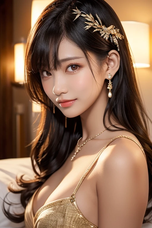(from above:1.2), (perky chest:1.2), (pointed chest:1.2), 1girl, Bust A Cup, Amazing Cleavage:1.1, thin waist, big ass, Raised cute, small breast: 1.1 posed cleavage:1.2、solo, looking at viewer, have a cute glass of cute beer glass,black hair, dark green eyes, dress, bare shoulders, jewelry, collarbone, side locks, hairband, earrings, indoors, off shoulder, arms behind back, plants, short hair with long locks, gild hairband, off-shoulder dress, sweater dress, off-shoulder sweater, red sweater, dark gold hair, big side hair, very long side hair,is rendered in (masterpiece: 1.2, best quality), with (ultra high resolution) and an exquisite (depth of field). This masterpiece is not only visually stunning but also tells,A scene of cooking in the kitchen