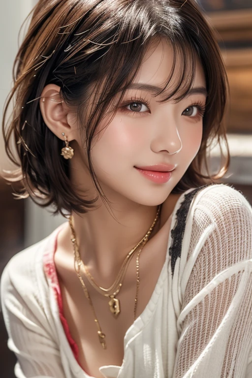 (Best image quality)、Ultra-Realistic Capture、19-year-old Japanese woman、Highly detailed eye resolution、cute、bob hair、With bangs、Sleeveless dress、A glittering social gathering、Natural light、Translucent white skin、Orange Makeup、The side of my hair is hanging over my cheek、Earrings、hair ornaments