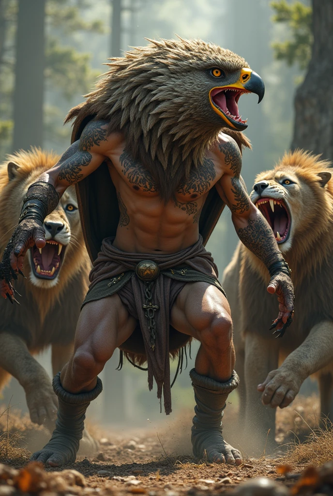 A man with four face
One face of a human
One face of a  lion
One face of a  Ox
One face of a eagle
Hand and body is human
straight legs with hooves